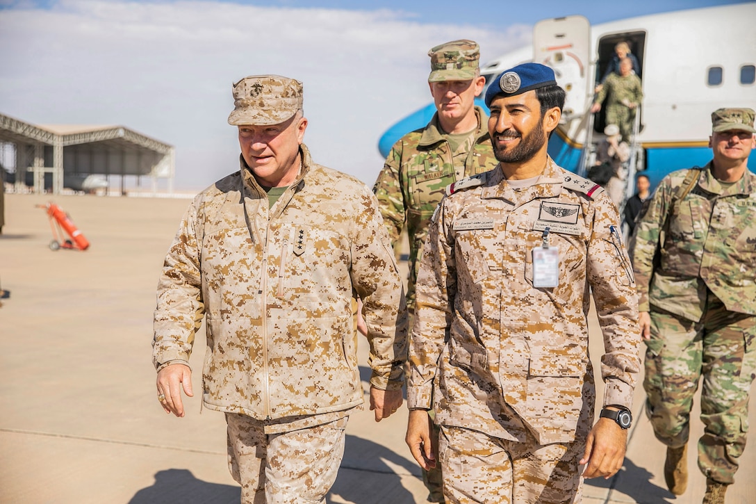 U.S. Marine Corps Gen. Kenneth F. McKenzie Jr., the commander of U.S. Central Command, left, meets with Brig. Gen. Nasser Mohammed Al-Dossari, the Royal Saudi Air Force Operations Support Wing Commander, right, Jan. 29, 2019. (U.S. Marine Corps photo by Sgt. Roderick Jacquote)
