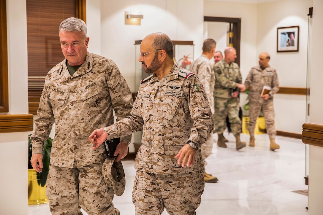 U.S. Marine Corps Gen. Kenneth F. McKenzie Jr., the commander of U.S. Central Command, left, meets with Gen. Fayyad Bin Hamed Al-Ruwaili, the military Chief of Staff of Saudi Arabia, Jan. 28, 2020. (U.S. Marine Corps photo by Sgt. Roderick Jacquote)