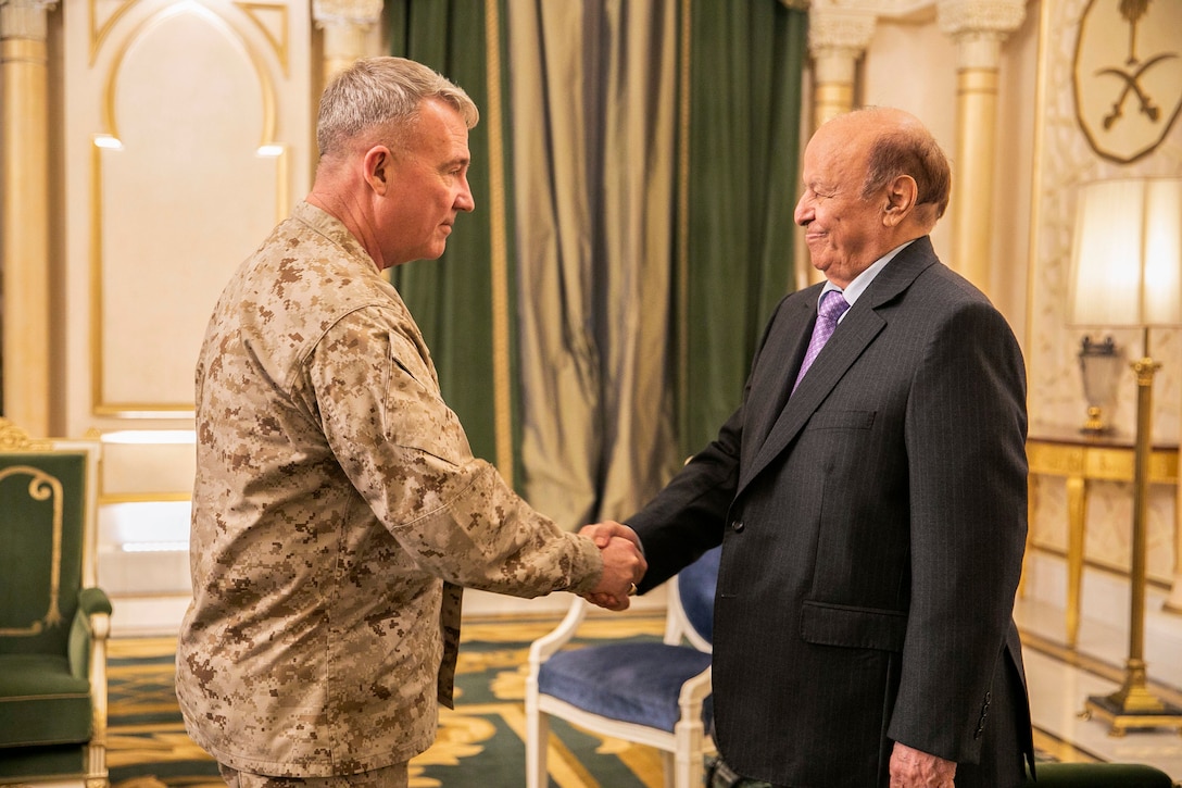 U.S. Marine Corps Gen. Kenneth F. McKenzie Jr., the commander of U.S. Central Command, left, meets with Abdrabbuh Mansur Hadi, the president of Yemen, Jan. 28, 2020. (U.S. Marine Corps photo by Sgt. Roderick Jacquote)