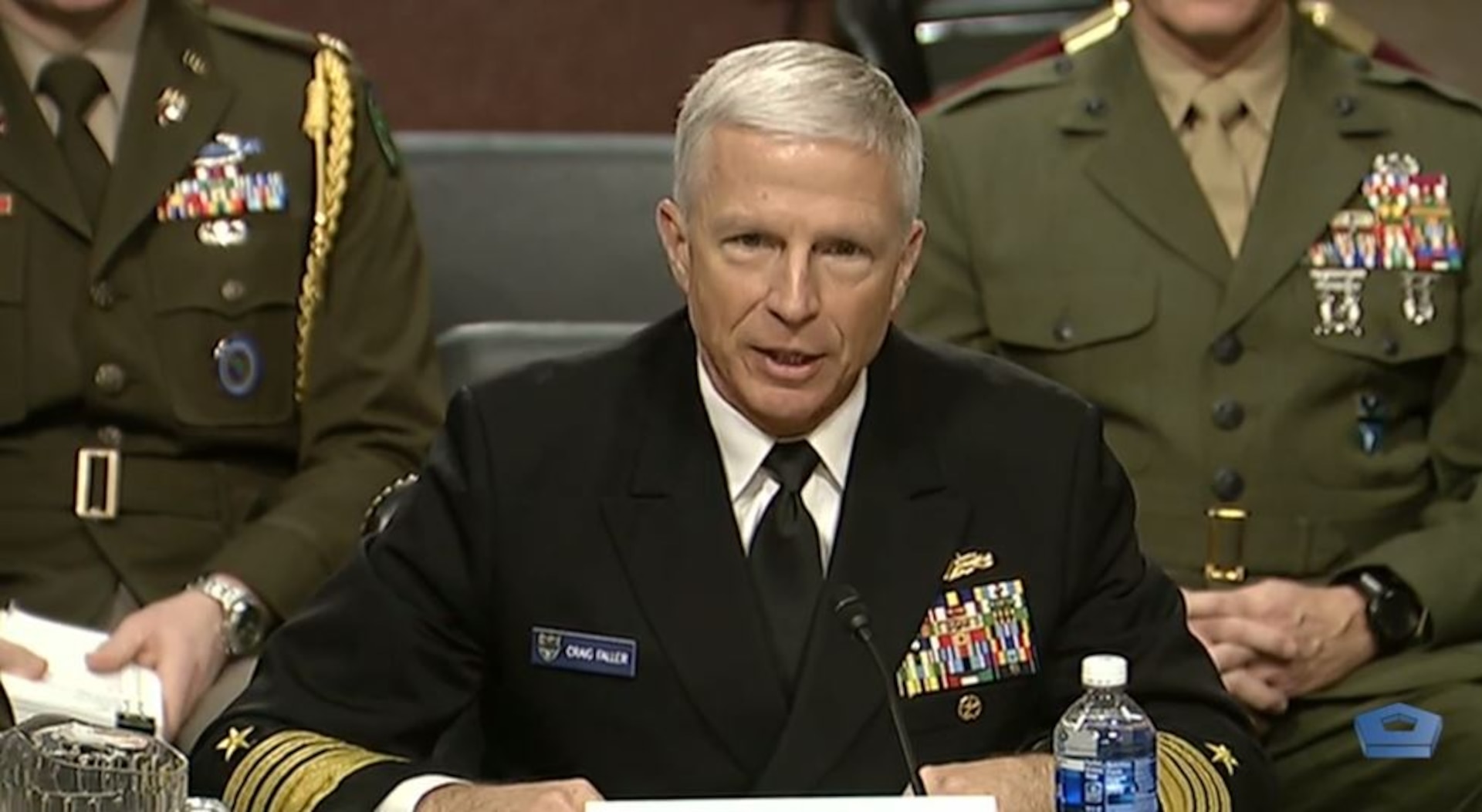 Broadcast screenshot of Navy Adm. Craig S. Faller, U.S. Southern Command commander, speaking before the Senate Armed Services Committee.
