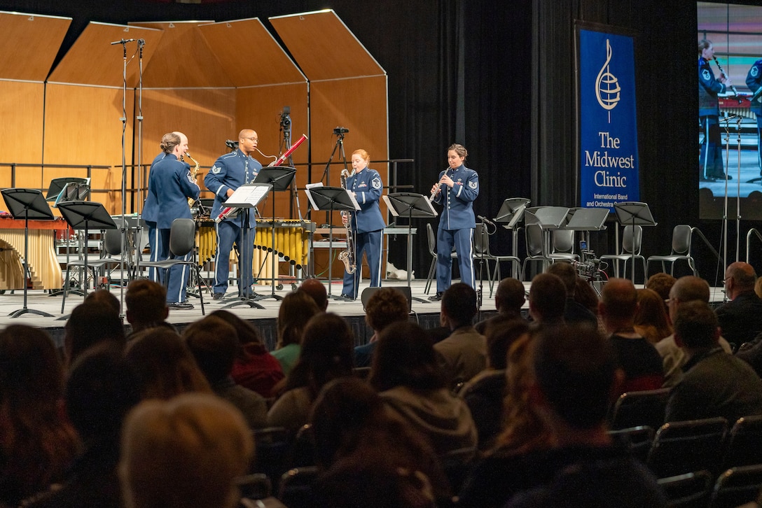 A woodwind quintet made up of members from The U.S. Air Force Concert Band perform during a chamber music concert at The Midwest Clinic in Chicago, Illinois, on Dec. 18, 2019. The Midwest Clinic International Band, Orchestra and Music Conference brings together musicians, educators and people passionate about music education of all skill levels in Chicago each year for the largest music conference of its kind. (U.S. Air Force Photo by Master Sgt. Josh Kowalsky)