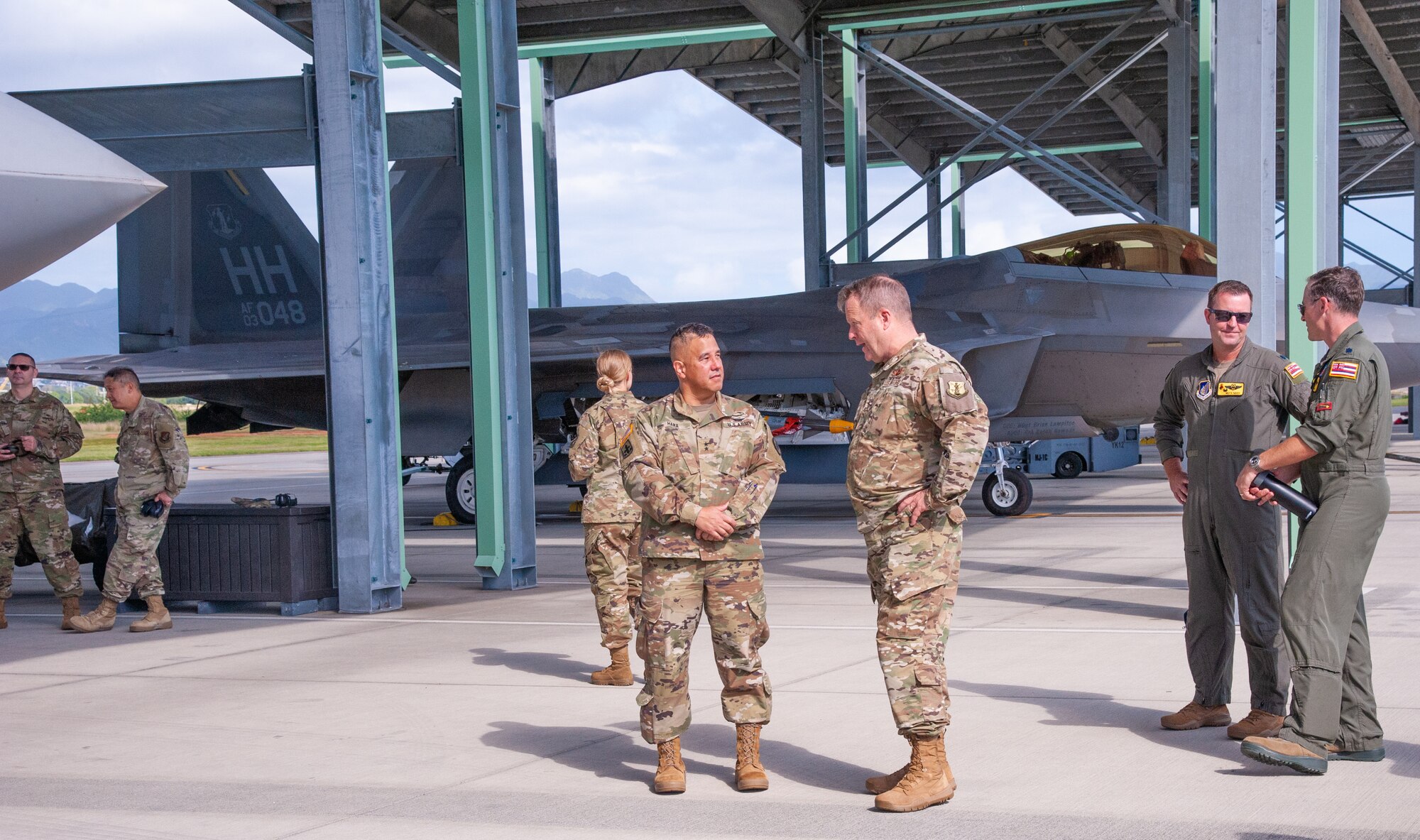 The Adjutant General of Hawaii, Maj. Gen. Kenneth S. Hara, visited Joint Base Pearl Harbor-Hickam during Sentry Aloha exercise training, Jan. 21, 2020. During his visit, Hara was given a tour of the Hawaiian F-22 Raptor facility.