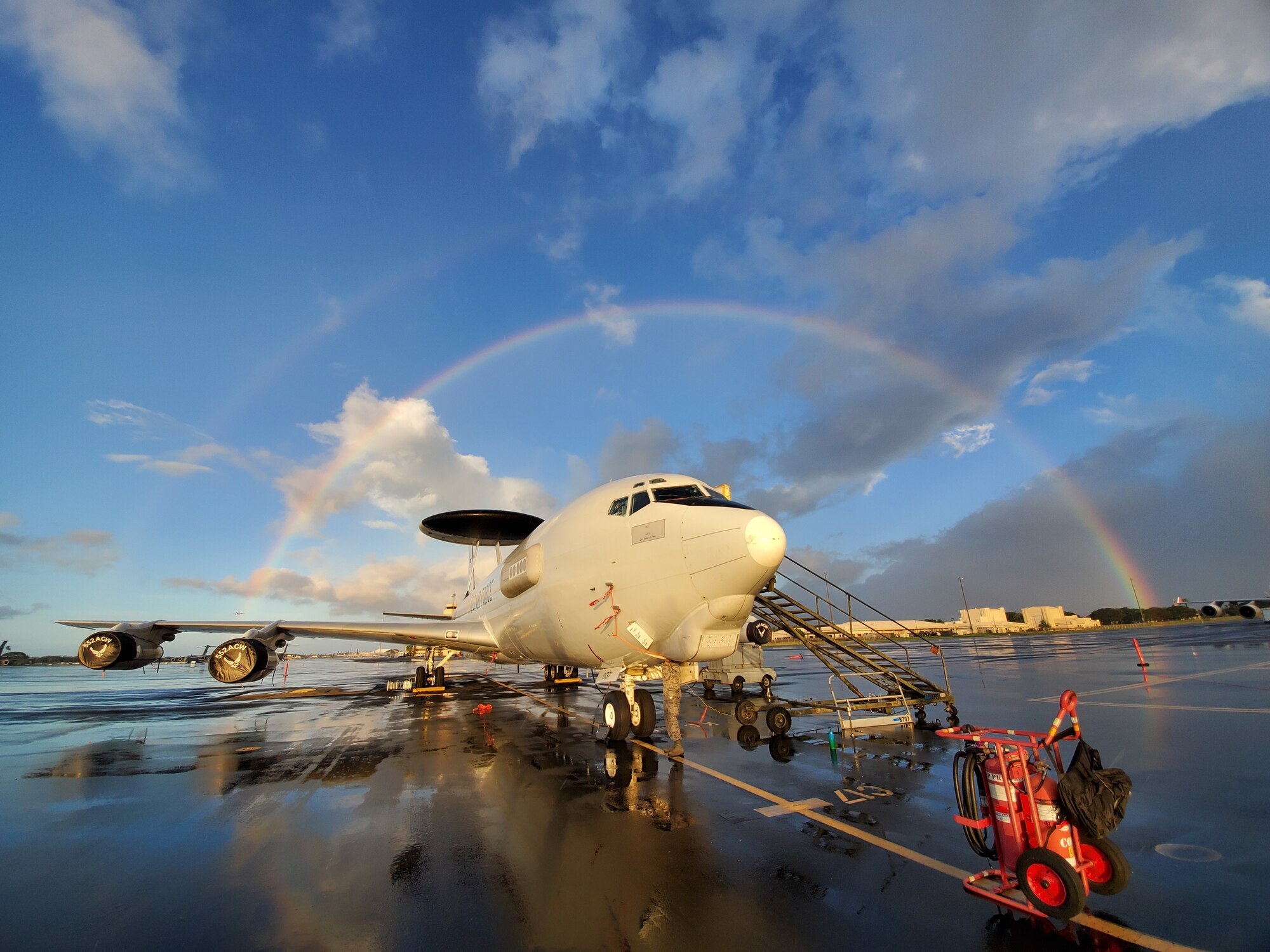 An E-3 Sentry based out of Tinker Air Force Base, Okla., basks in Hawaiian sun rays Jan. 8, 2020, at Joint Base Pearl Harbor-Hickam. Aircrew from the 970th and 960th Airborne Air Control Squadron, temporarily relocated to Hawaii to participate in fighter exercise, Sentry Aloha 20-1.