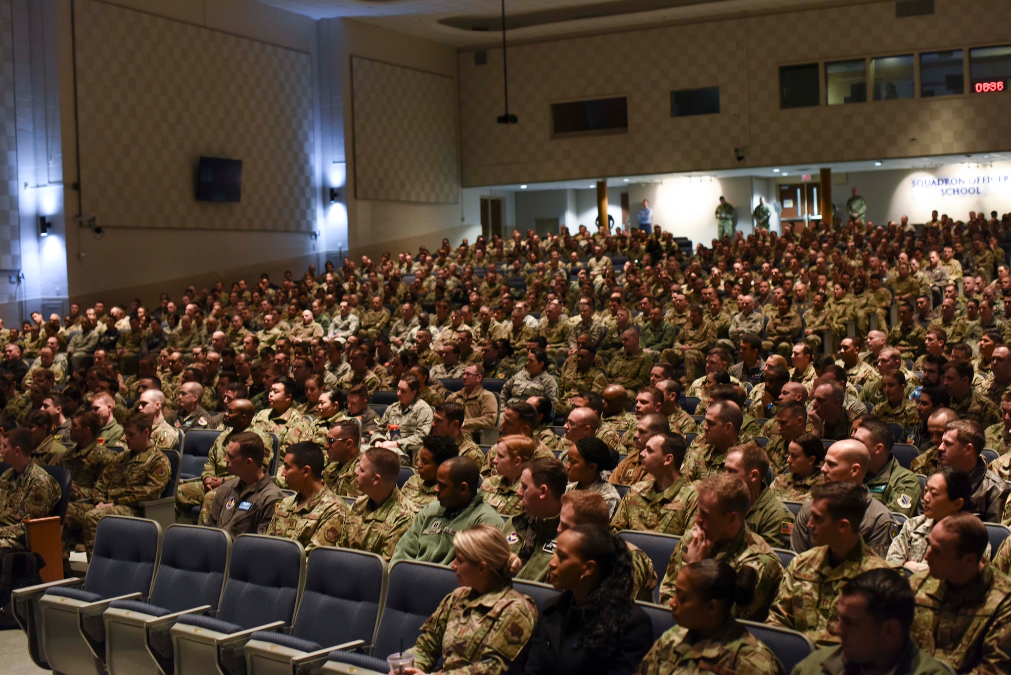 Senior NCOs and captains from Air University’s Senior Non-Commissioned Officer Academy and Squadron Officer School, respectively, gather in the Polifka Auditorium during a cross-school training day Jan. 29, 2020, at Maxwell Air Force Base, Alabama. Throughout the day the more-than 270 senior NCOs and 698 captains asked and answered one another’s questions to better understand the decision making and action taking processes of the other.