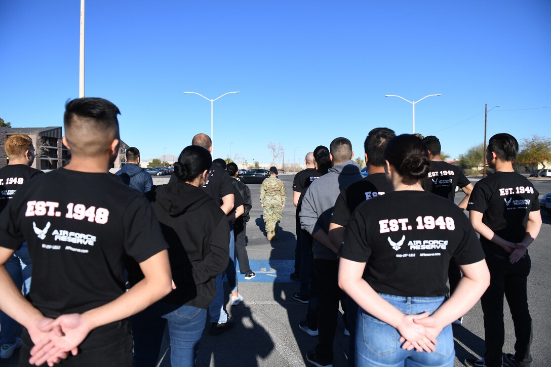 Tech. Sgt. Sabrina Yeghiazarian, flight chief, 926th Wing Development and Training Flight, instructs student flight trainees on proper Air Force formation, Jan. 11, 2020, at Nellis Air Force Base, Nevada (U.S. Air Force photo by Natalie Stanley)