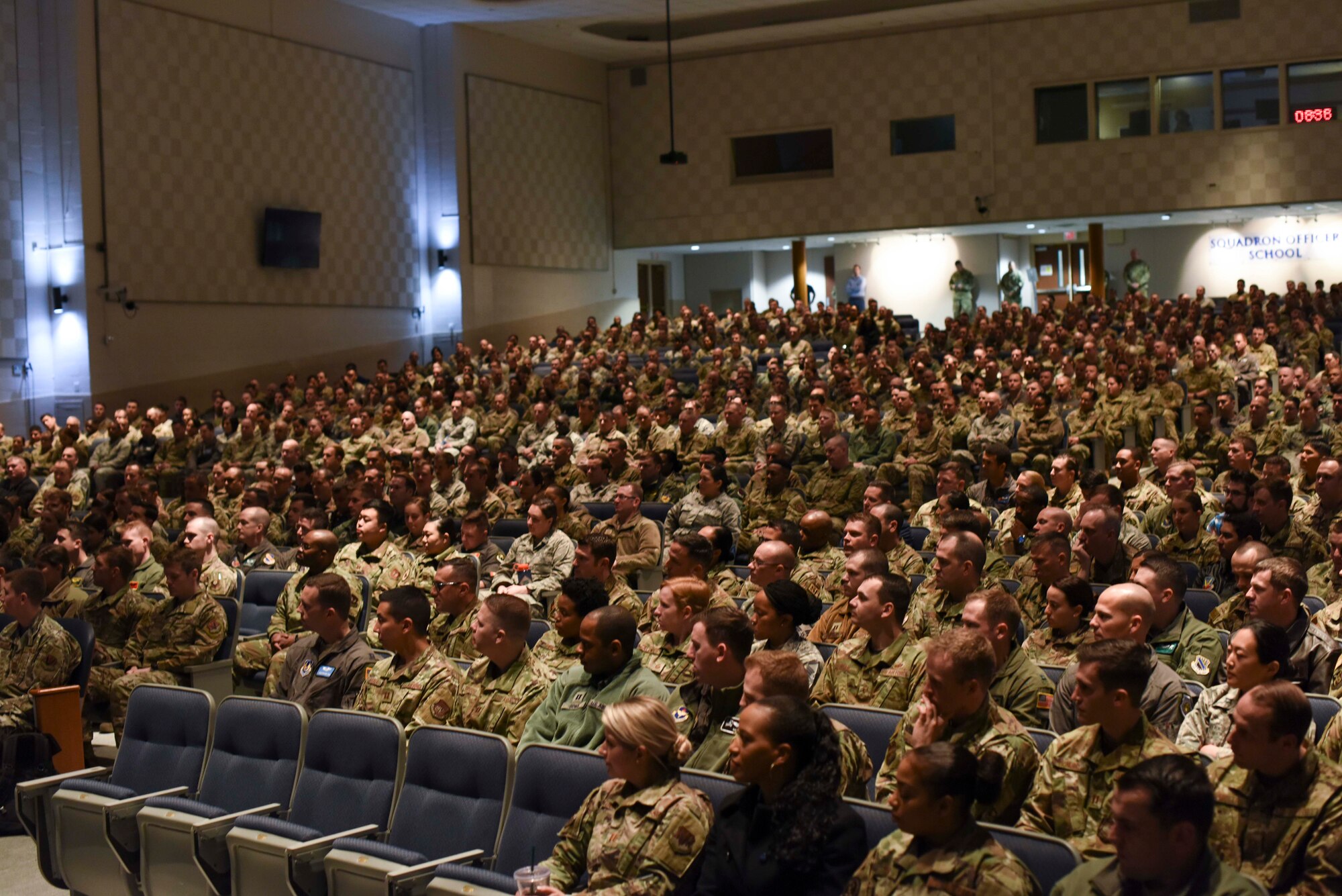 Senior NCOs and captains from Air University’s Senior Non-Commissioned Officer Academy and Squadron Officer School, respectively, gather in the Polifka Auditorium during a cross-school training day Jan. 29, 2020, at Maxwell Air Force Base, Alabama. Throughout the day the more-than 270 senior NCOs and 698 captains asked and answered one another’s questions to better understand the decision making and action taking processes of the other.