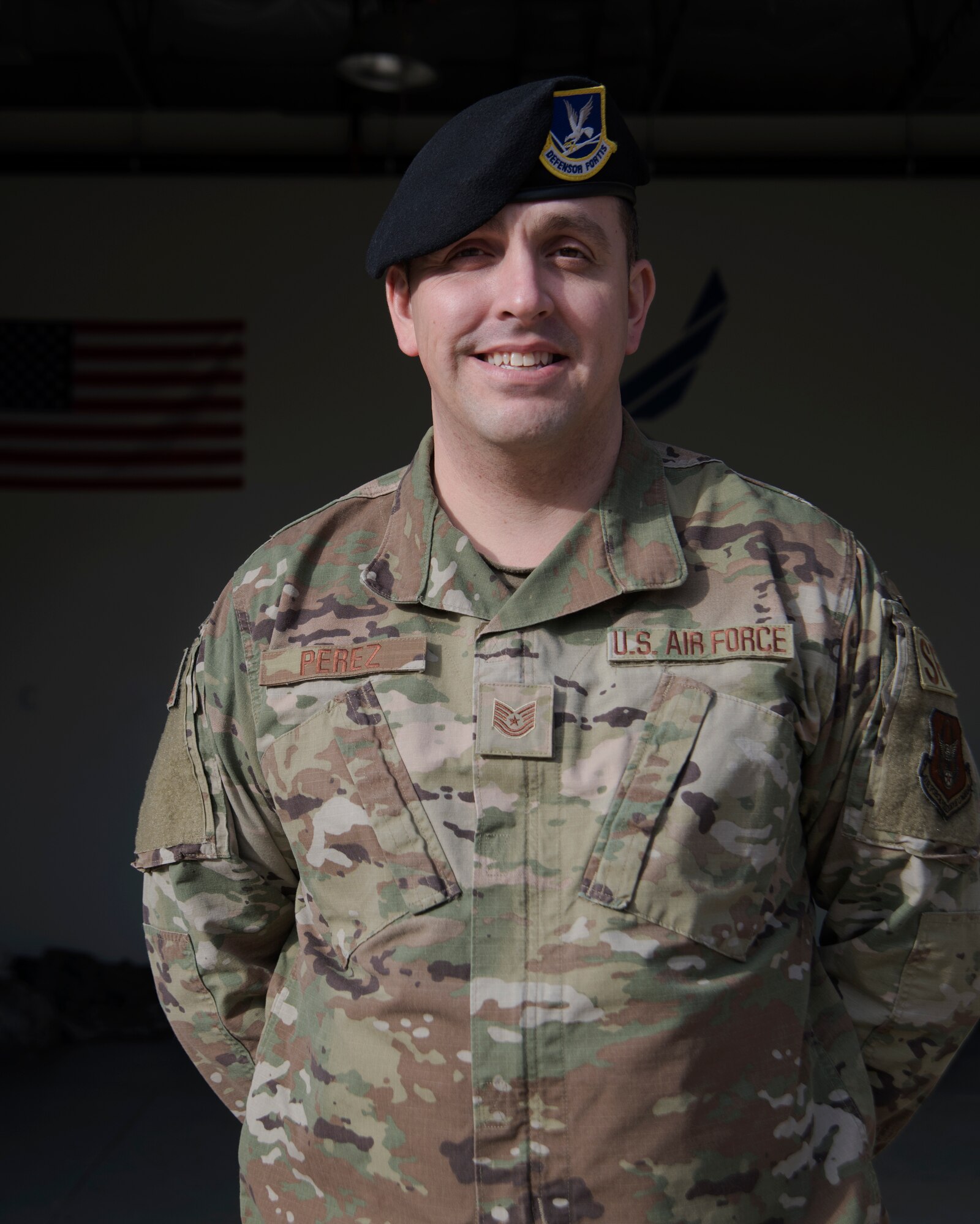 Tech Sgt. Michael Perez, 459th Security Forces Squadron, assistant  Non-Commissioned Officer in Charge of Training and Readiness, poses for a photo Jan. 30, 2020 at Joint Base Andrews Md. Perez recently won the AFRC Outstanding Security Forces Support Staff Non-Commissioned Officer award at the Air Force Reserve Command level. (U.S. Air Force photo/Staff Sgt. Cierra Presentado)