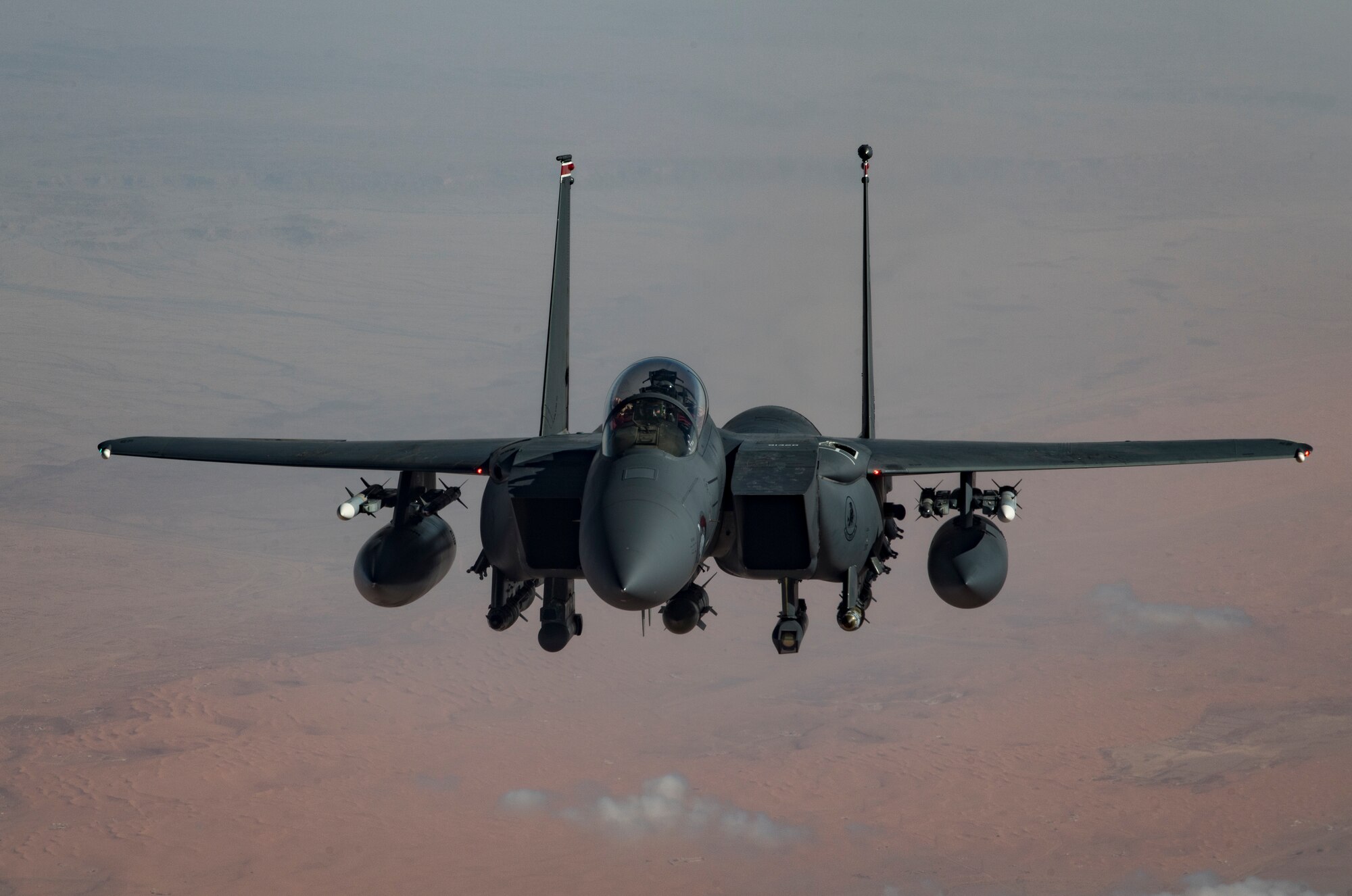A U.S. Air Force F-15E Strike Eagle assigned to the 494th Expeditionary Fighter Squadron flies above the U.S. Central Command area of responsibility, Jan. 19, 2020.