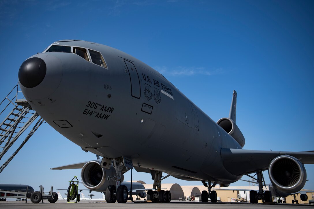 A U.S. Air Force KC-10 Extender assigned to the 908th Expeditionary Air Refueling Squadron rests on the flight line at Al Dhafra Air Base, United Arab Emirates Jan. 19, 2020.