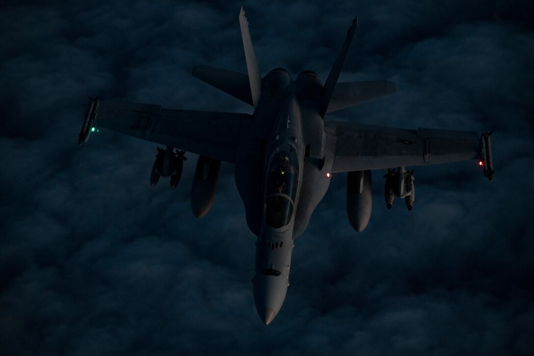 A U.S. Marine Corps F/A-18 Hornet assigned to Marine Fighter Attack Squadron (VMFA) 251 flies above the U.S. Central Command area of responsibility, Jan. 17, 2020.