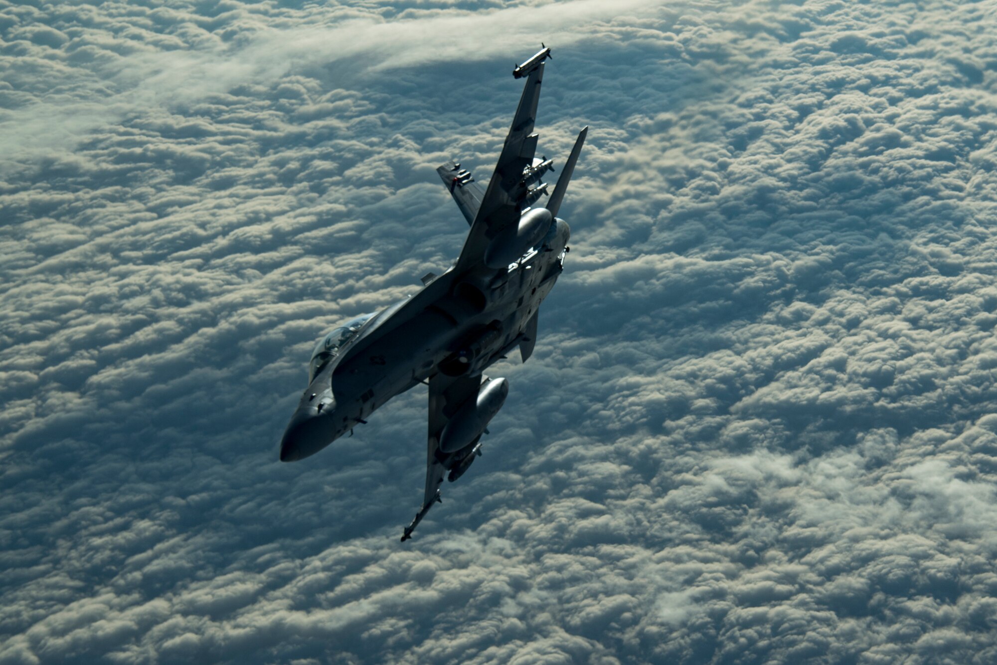A U.S. Marine Corps F/A-18 Hornet assigned to Marine Fighter Attack Squadron (VMFA) 251 flies above the U.S. Central Command area of responsibility, Jan. 17, 2020.