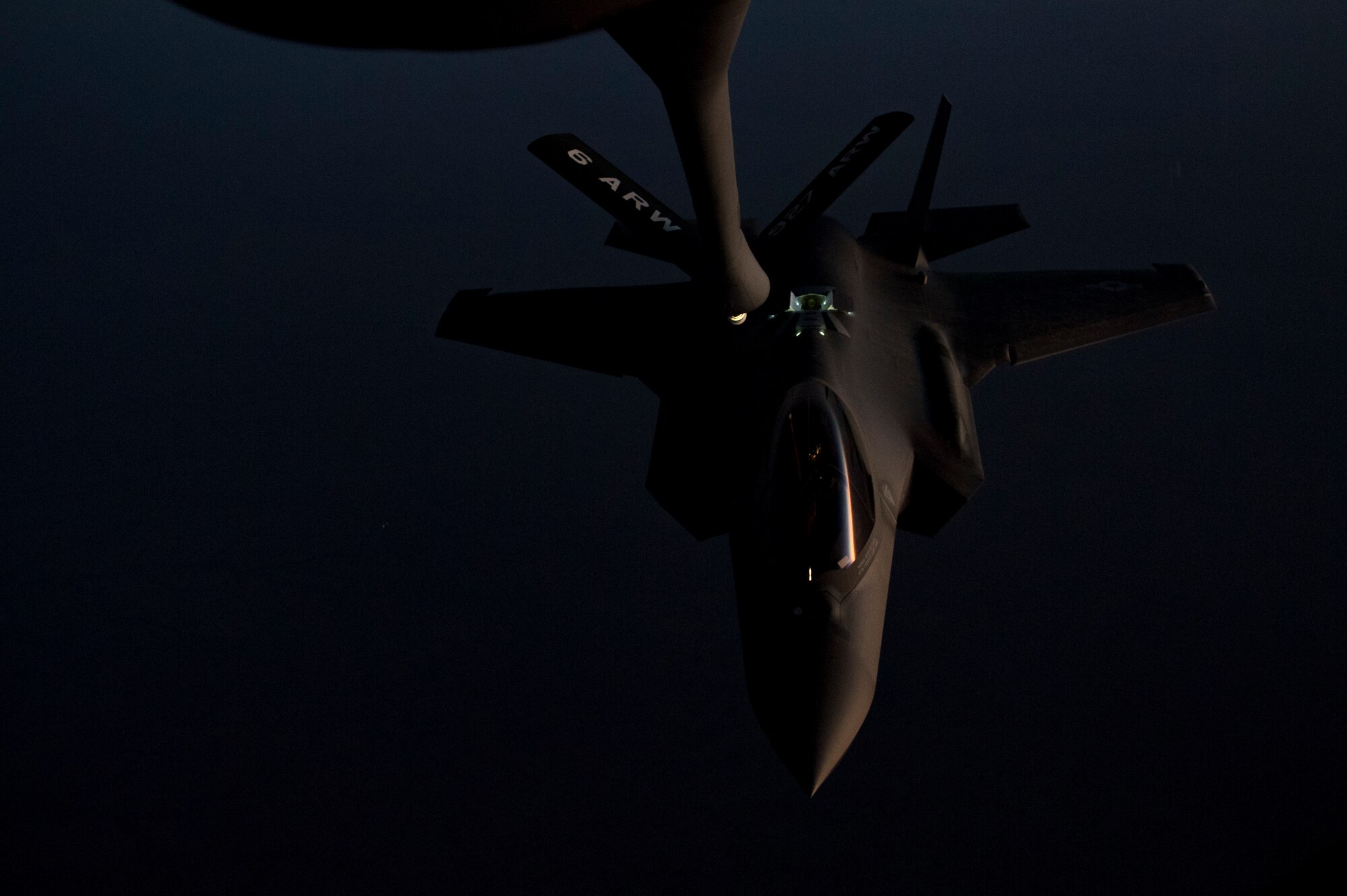 A U.S. Air Force F-35A Lightning II assigned to the 34th Expeditionary Fighter Squadron approaches a U.S. Air Force KC-135 Stratotanker assigned to the 28th Expeditionary Air Refueling Squadron to conduct an aerial refueling in the U.S. Central Command area of operation, Jan. 3, 2020.