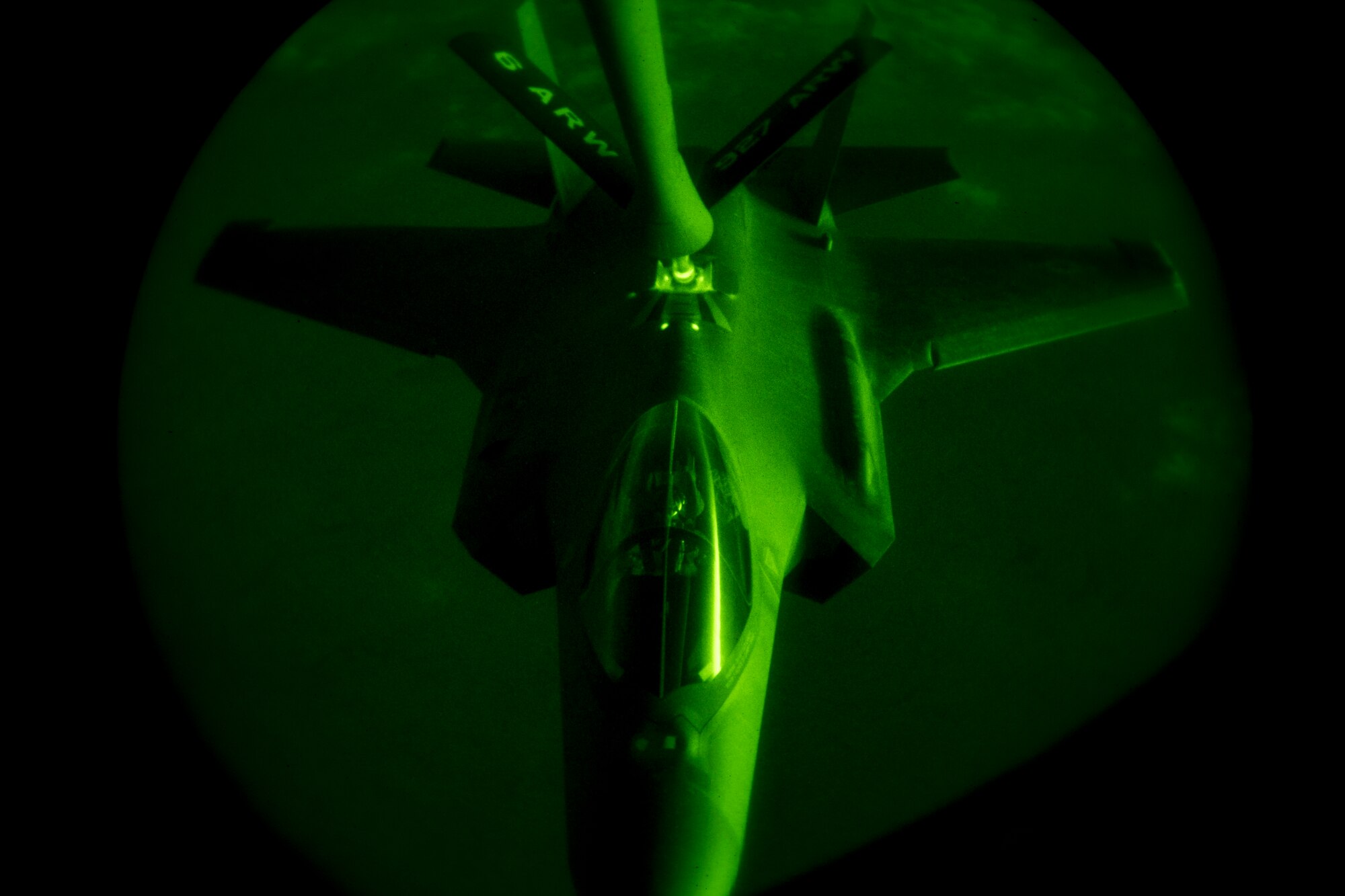 A U.S. Air Force KC-135 Stratotanker assigned to the 28th Expeditionary Air Refueling Squadron refuels a U.S. Air Force F-35A Lightning II assigned to the 34th Expeditionary Fighter Squadron in the U.S. Central Command area of operation, Jan. 3, 2020.