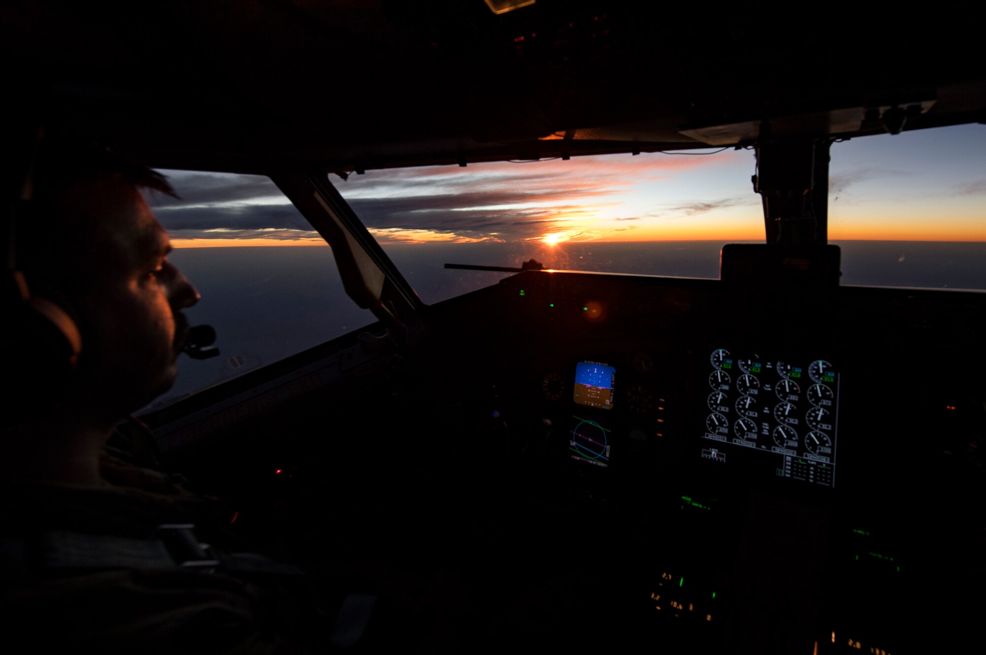 A U.S. Air Force KC-135 Stratotanker pilot assigned to 28th Expeditionary Air Refueling Squadron inspects an instrument panel in the U.S. Central Command area of operation, Jan. 3, 2020.