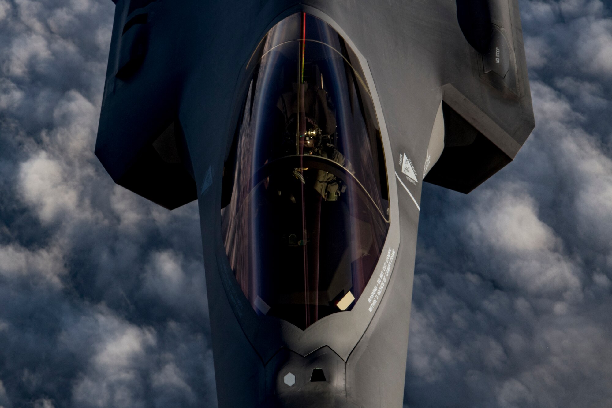 A U.S. Air Force KC-135 Stratotanker assigned to the 28th Expeditionary Air Refueling Squadron refuels a U.S. Air Force F-35A Lightning II assigned to the 34th Expeditionary Fighter Squadron in the U.S. Central Command area of operation, Jan. 3, 2020.