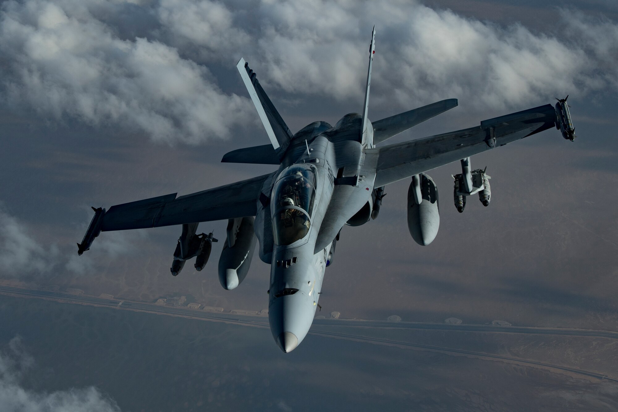 A U.S. Marine Corps F/A-18 Hornet assigned to Marine Fighter Attack Squadron (VMFA) 251 flies above the U.S. Central Command area of responsibility, Jan. 17, 2020.