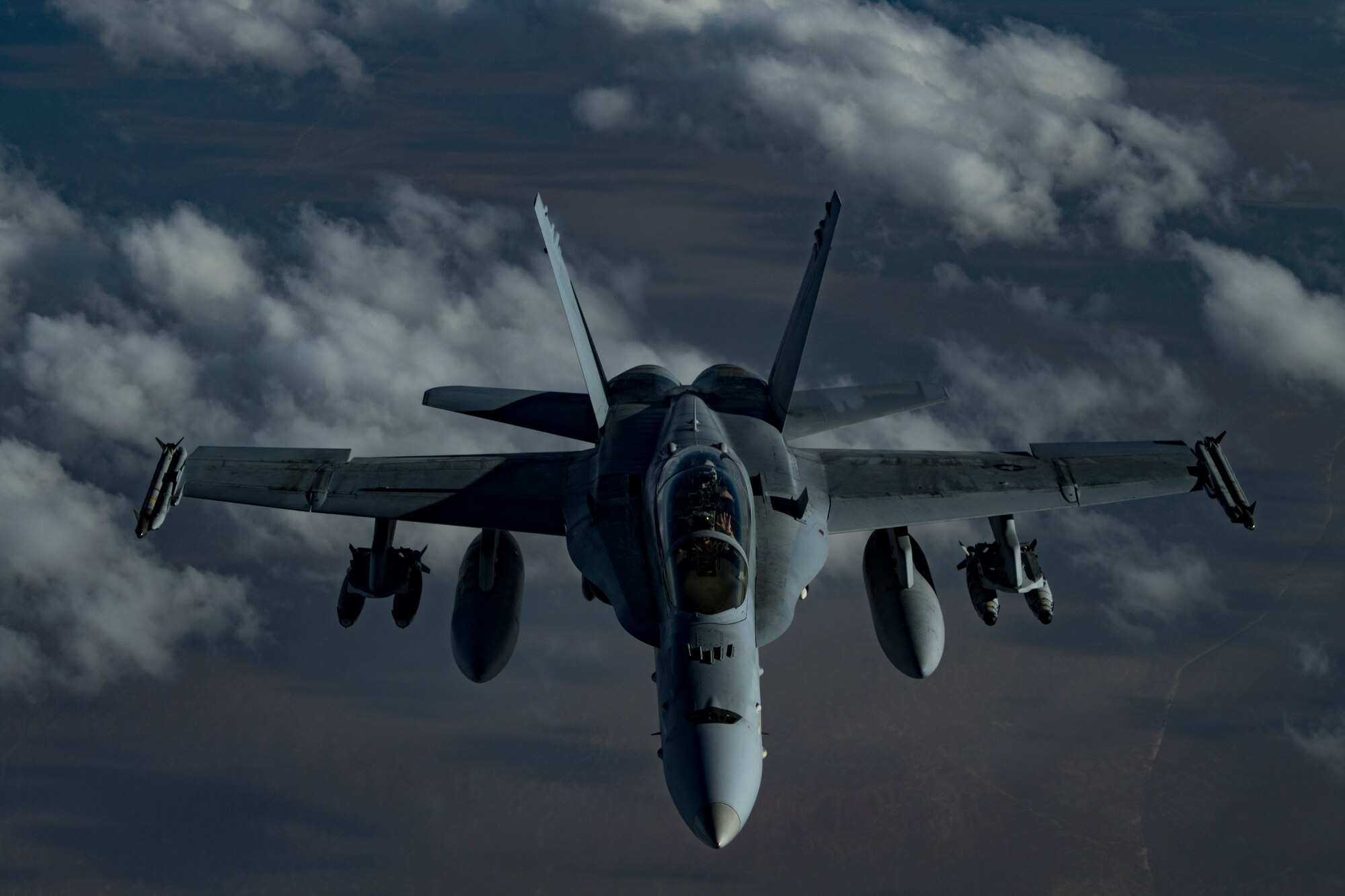 A U.S. Marine Corps F/A-18 Hornet assigned to Marine Fighter Attack Squadron (VMFA) 251 flies above the U.S. Central Command area of responsibility, Jan. 17, 2020.