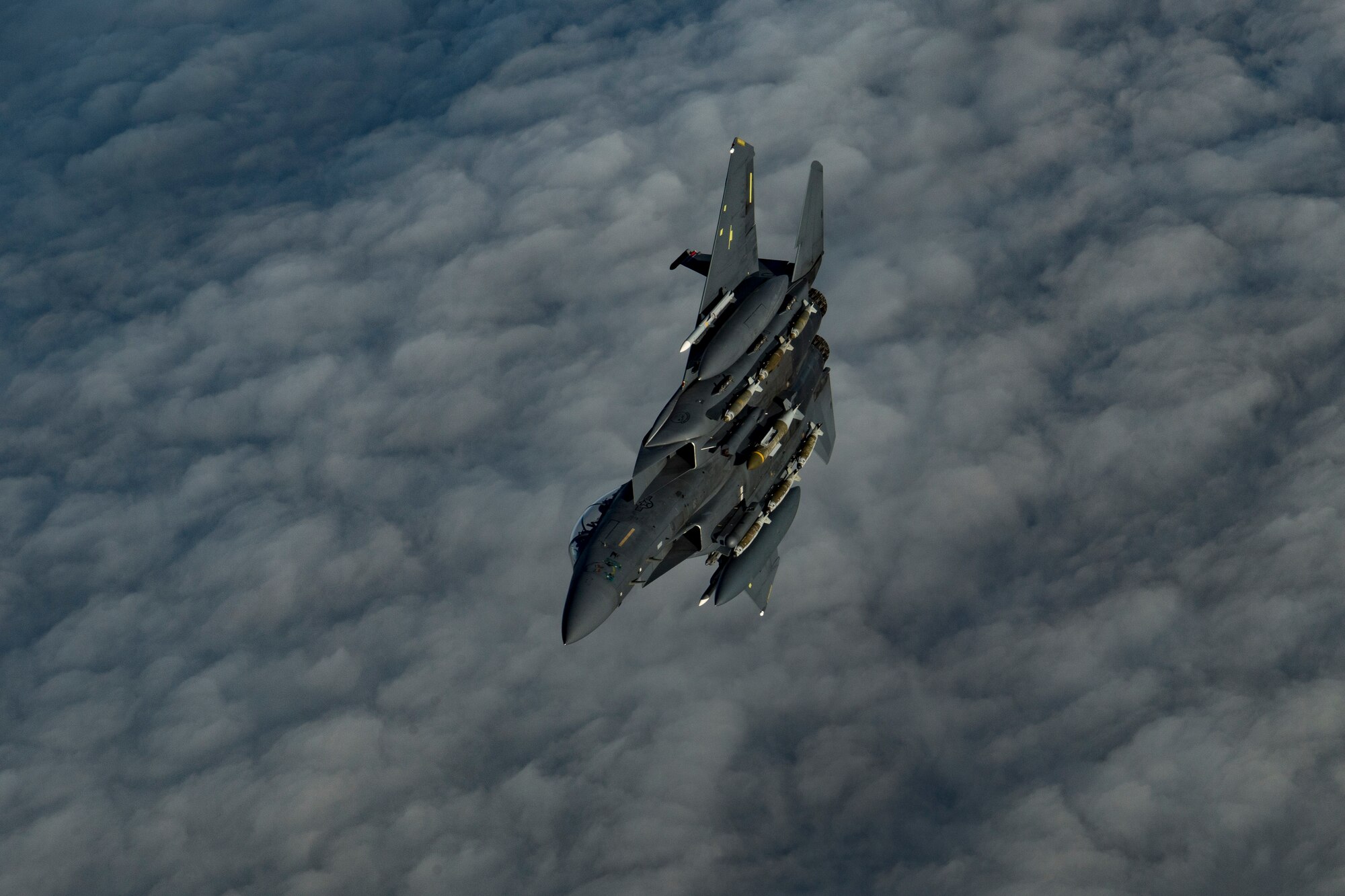 A U.S. Air Force F-15E Strike Eagle assigned to the 494th Expeditionary Fighter Squadron flies above the U.S. Central Command area of responsibility, Jan. 19, 2020.