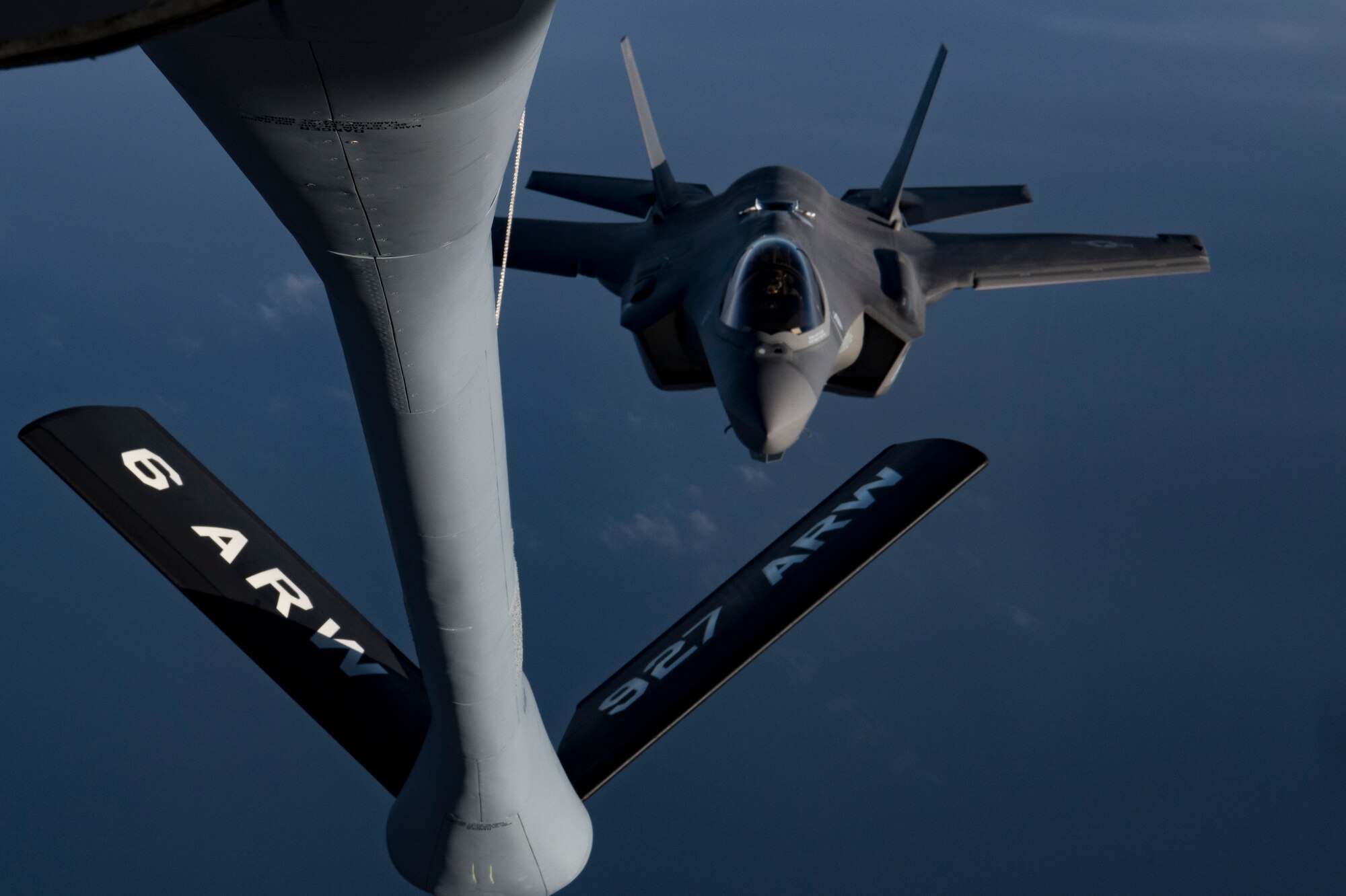 A U.S. Air Force F-35A Lightning II assigned to the 34th Expeditionary Fighter Squadron approaches a U.S. Air Force KC-135 Stratotanker assigned to the 28th Expeditionary Air Refueling Squadron to conduct an aerial refueling in the U.S. Central Command area of operation, Jan. 3, 2020.