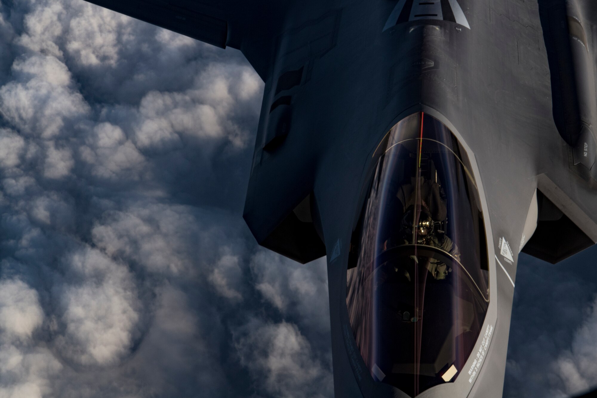 A U.S. Air Force KC-135 Stratotanker assigned to the 28th Expeditionary Air Refueling Squadron refuels a U.S. Air Force F-35A Lightning II assigned to the 34th Expeditionary Fighter Squadron in the U.S. Central Command area of operation, Jan. 3, 2020.