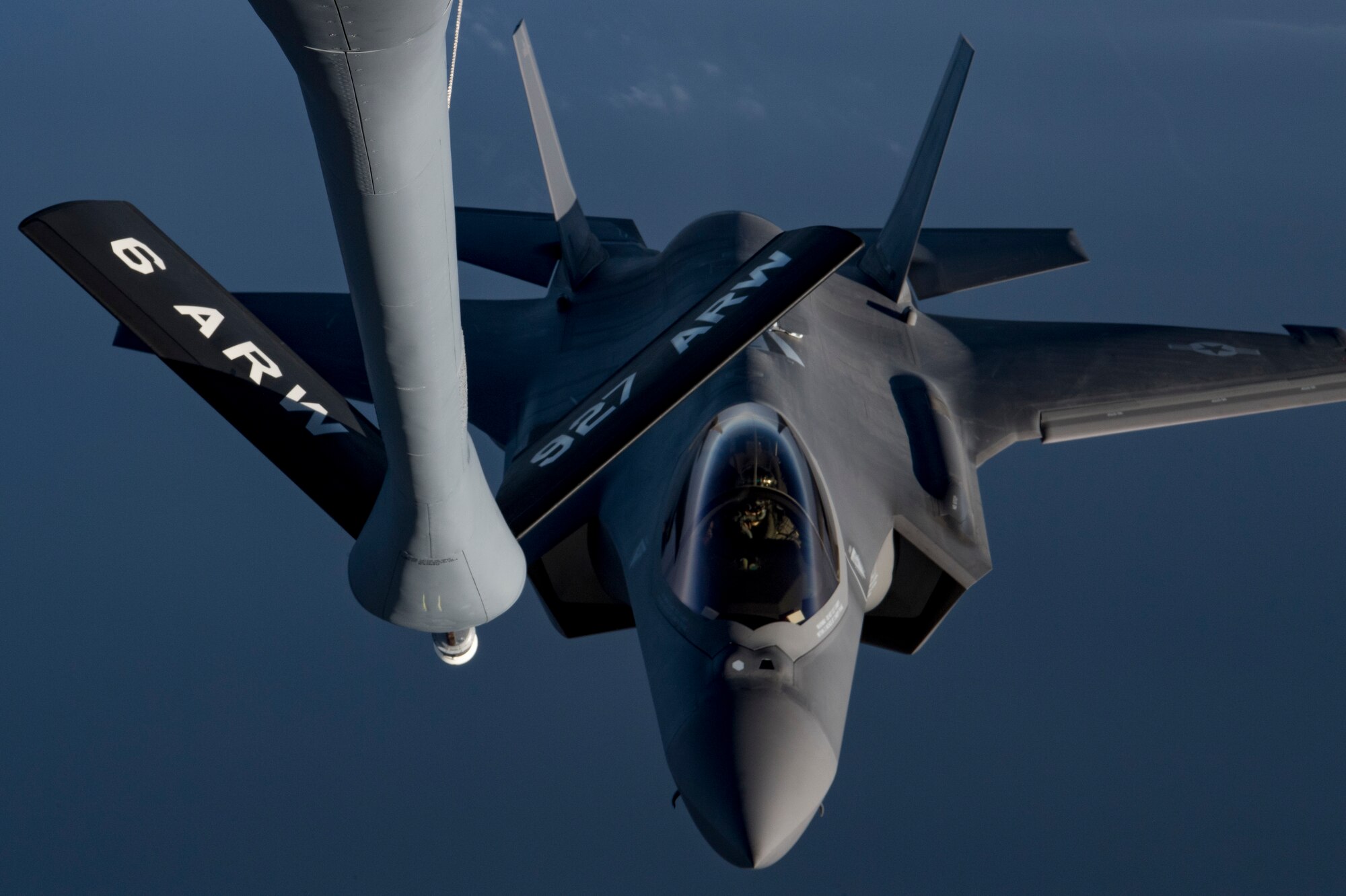 A U.S. Air Force F-35A Lightning II assigned to the 34th Expeditionary Fighter Squadron approaches a U.S. Air Force KC-135 Stratotanker assigned to the 28th Expeditionary Air Refueling Squadron to conduct an aerial refueling in the U.S. Central Command area of operation, Jan. 3, 2020.