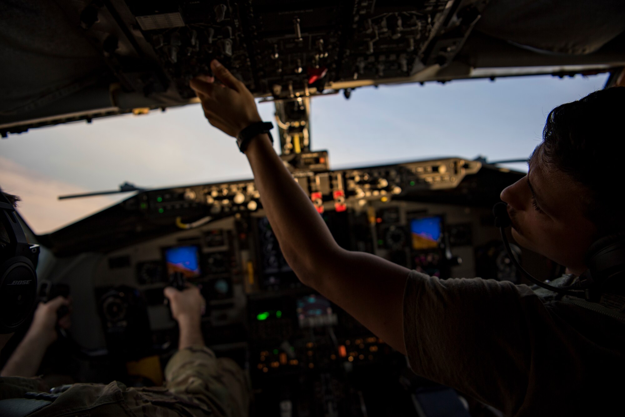 U.S. Air Force KC-135 Stratotanker pilots assigned to the 28th Expeditionary Air Refueling Squadron fly above Al Udeid Air Base, Qatar, Jan. 3, 2020.