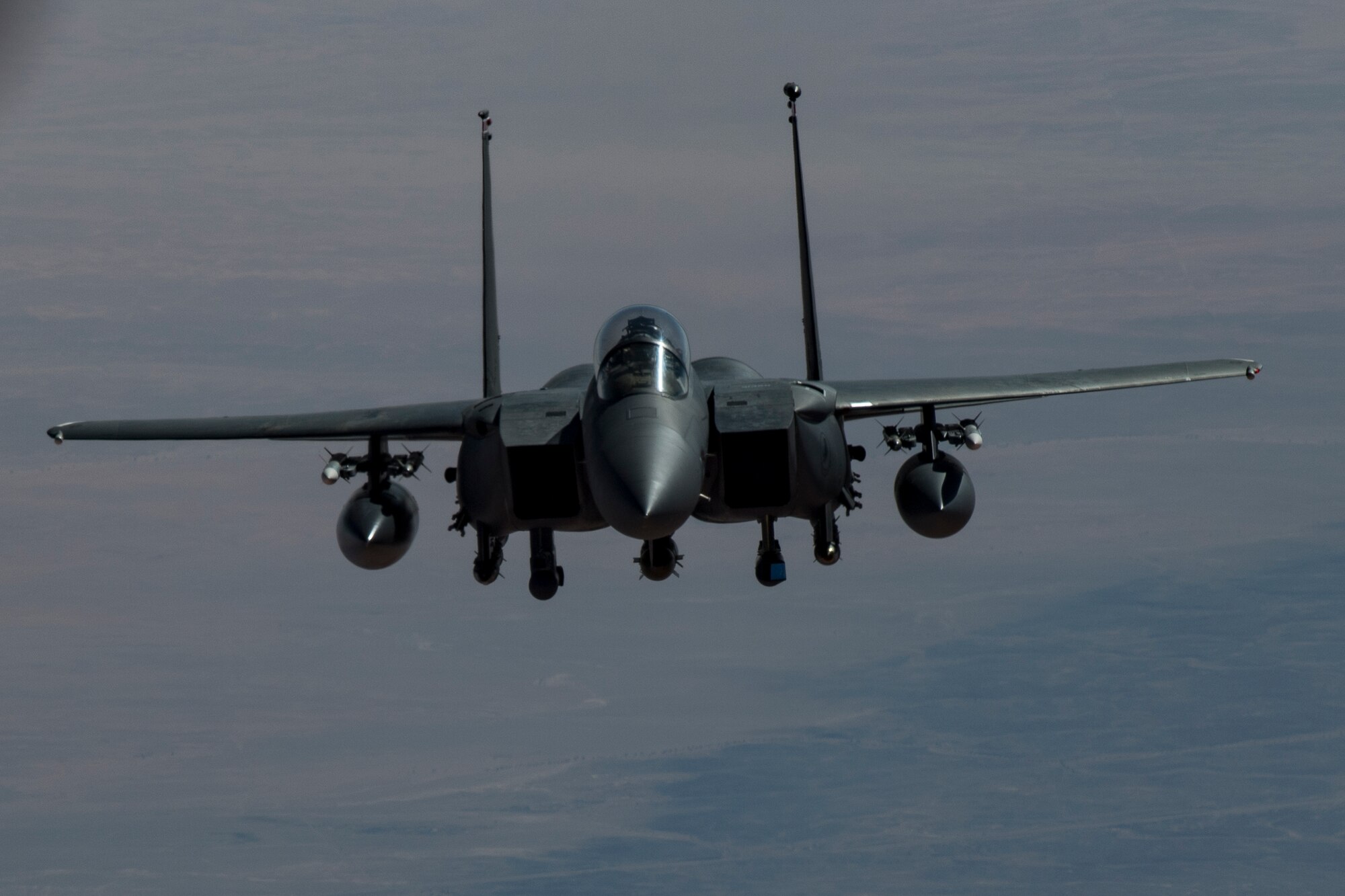 A U.S. Air Force F-15E Strike Eagle assigned to the 494th Expeditionary Fighter Squadron flies above the U.S. Central Command area of responsibility, Jan. 15, 2020.