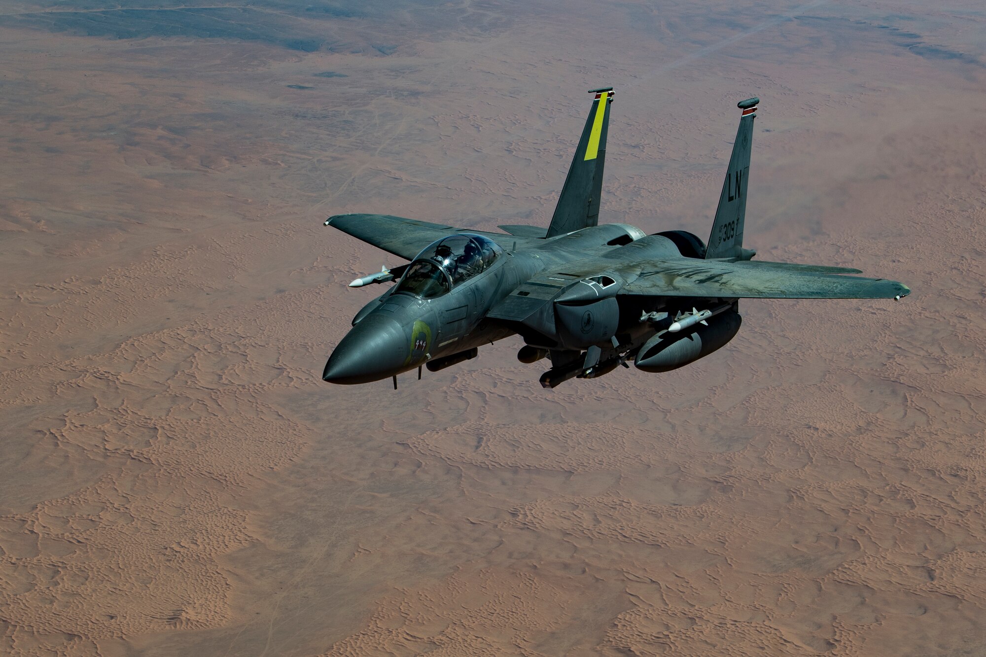 A U.S. Air Force F-15E Strike Eagle assigned to the 494th Expeditionary Fighter Squadron flies above the U.S. Central Command area of responsibility, Jan. 15, 2020.