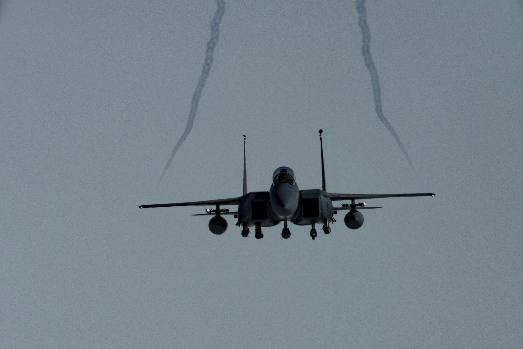 A U.S. Air Force F-15E Strike Eagle assigned to the 494th Expeditionary Fighter Squadron flies above the U.S. Central Command area of responsibility, Jan. 15, 2020.