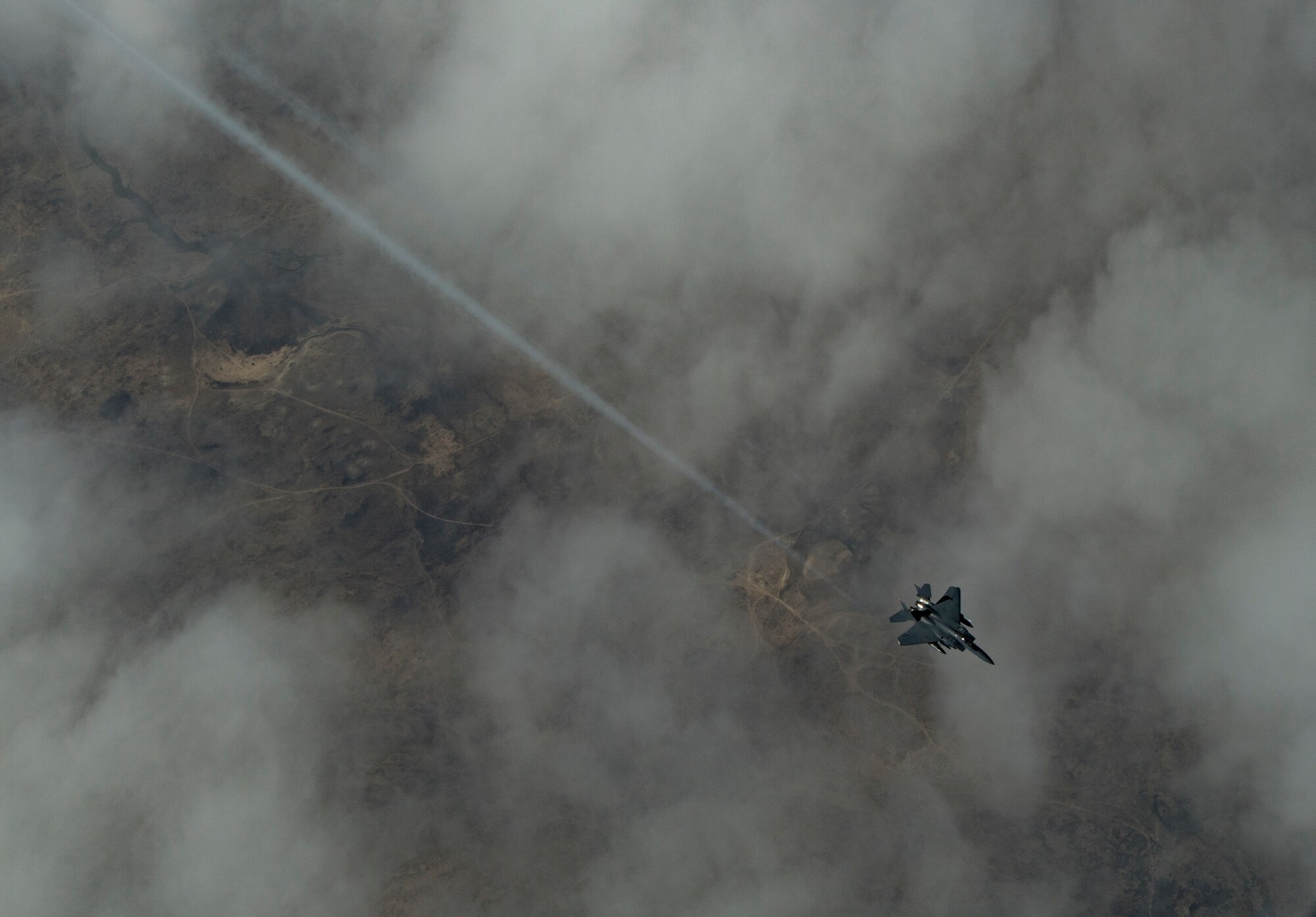 A U.S. Air Force F-15E Strike Eagle assigned to the 494th Expeditionary Fighter Squadron flies above the U.S. Central Command area of responsibility, Jan. 15, 2020.