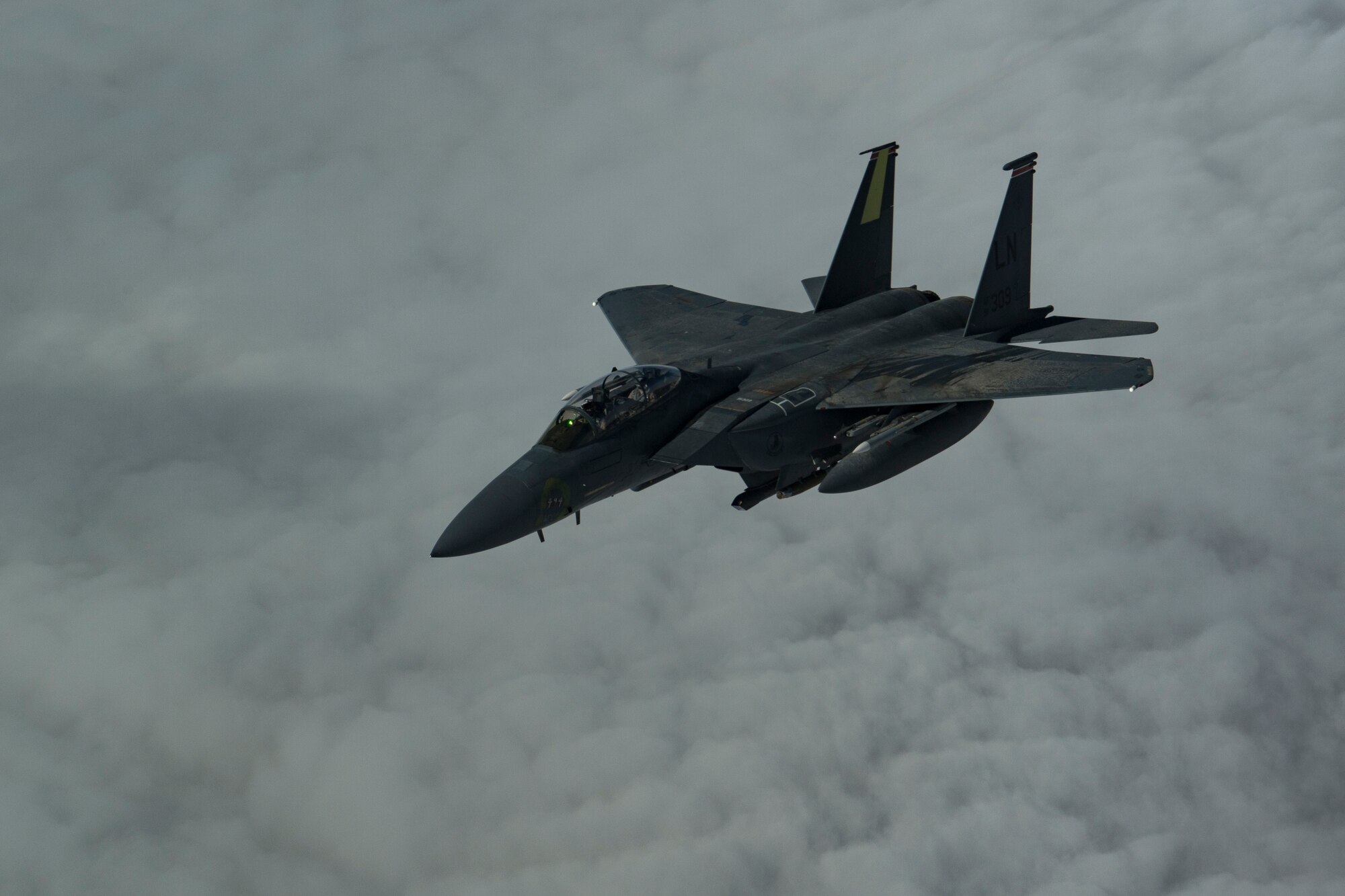 A U.S. Air Force F-15E Strike Eagle assigned to the 494th Expeditionary Fighter Squadron flies above the U.S. Central Command area of responsibility, Jan. 15, 2020.