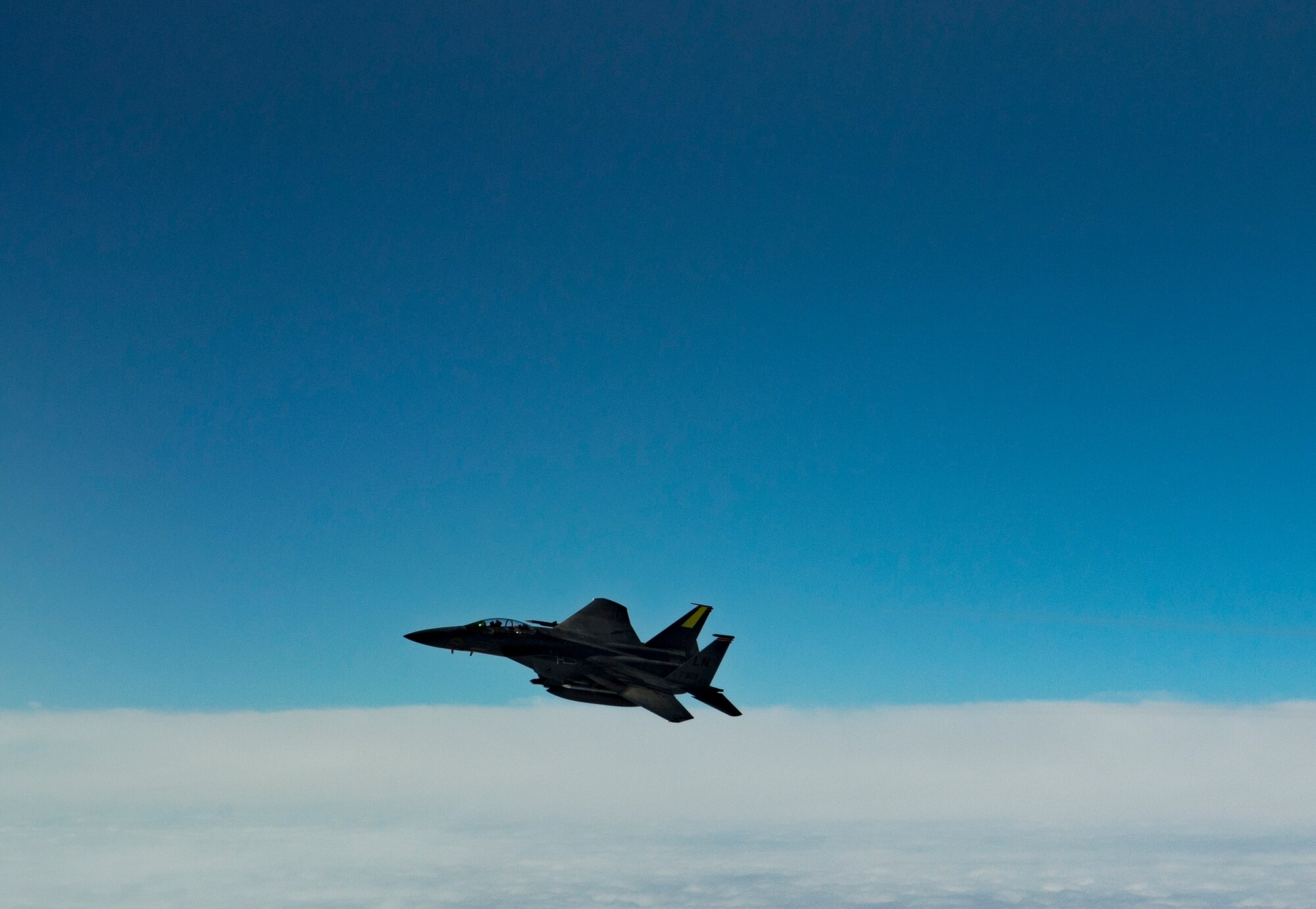 A U.S. Air Force F-15E Strike Eagle assigned to the 494th Expeditionary Fighter Squadron flies above the U.S. Central Command area of responsibility, Jan. 15, 2020.