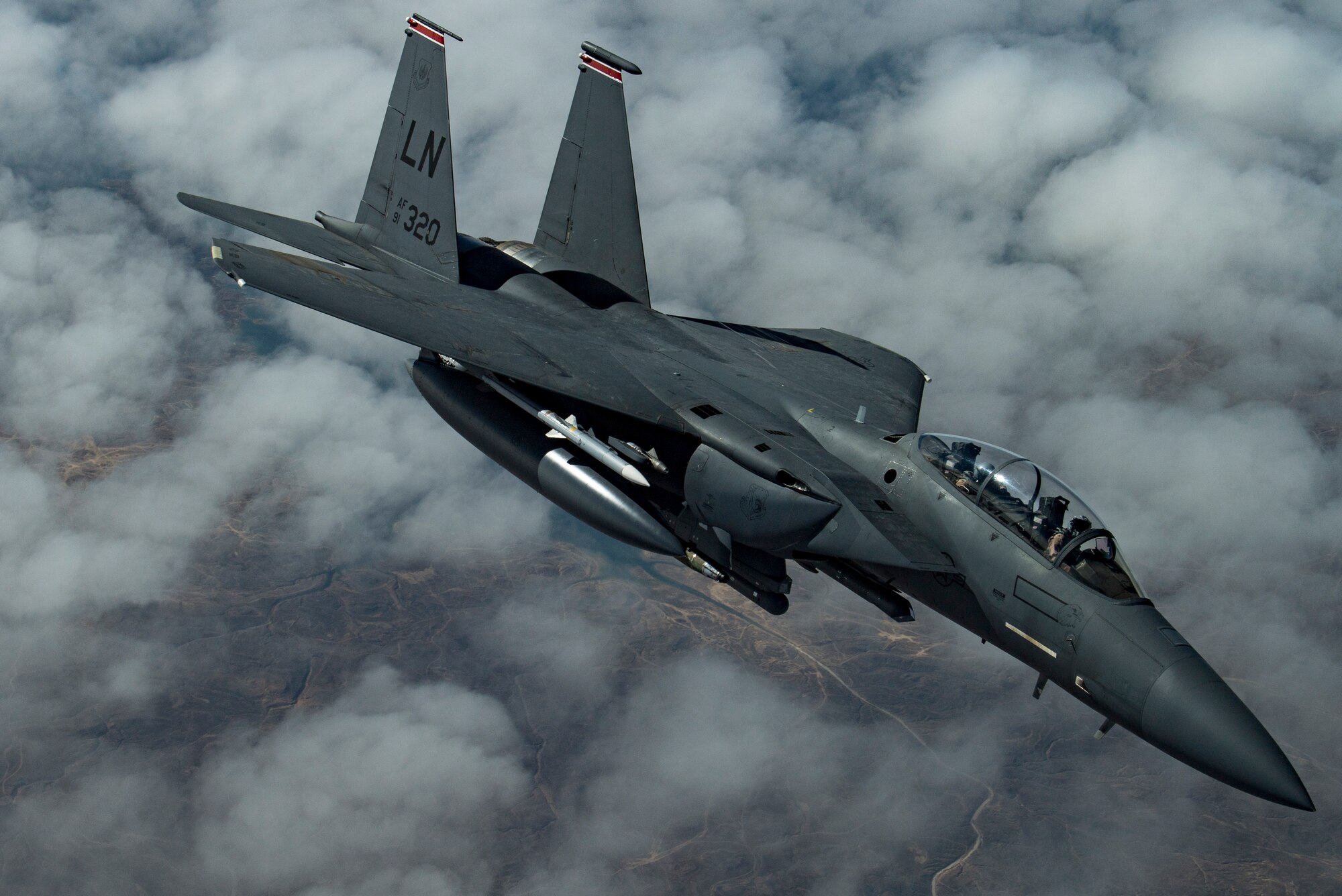 A U.S. Air Force F-15E Strike Eagle assigned to the 494th Expeditionary Fighter Squadron flies above the U.S. Central Command area of responsibility, Jan. 15, 2020.