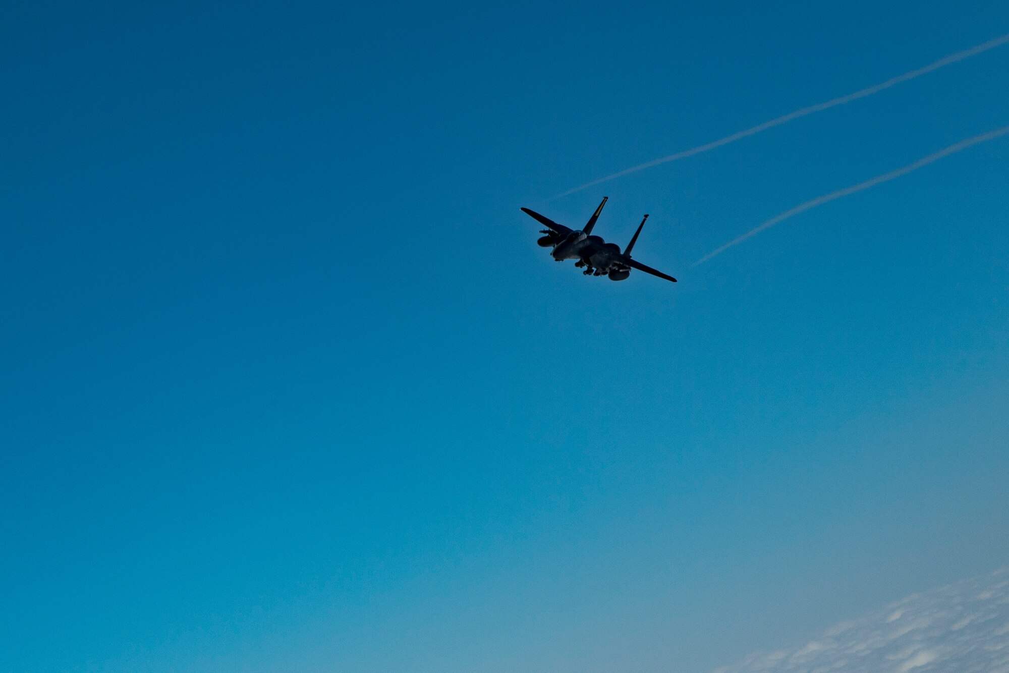 A U.S. Air Force F-15E Strike Eagle assigned to the 494th Expeditionary Fighter Squadron flies above the U.S. Central Command area of responsibility, Jan. 15, 2020.