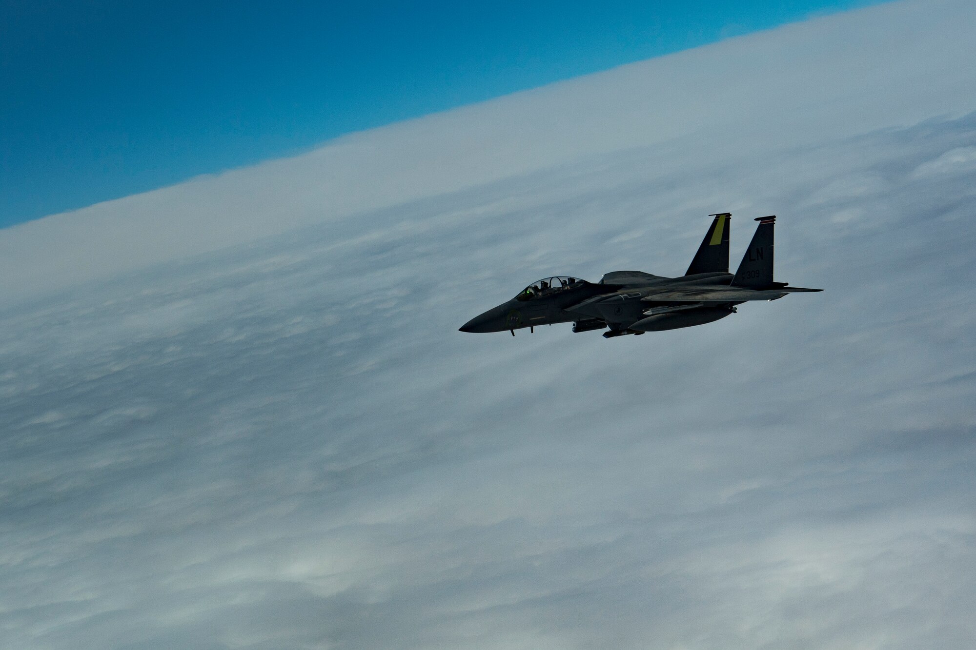 A U.S. Air Force F-15E Strike Eagle assigned to the 494th Expeditionary Fighter Squadron flies above the U.S. Central Command area of responsibility, Jan. 15, 2020.