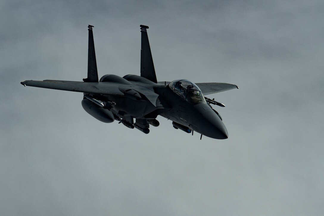 A U.S. Air Force F-15E Strike Eagle assigned to the 494th Expeditionary Fighter Squadron flies above the U.S. Central Command area of responsibility, Jan. 15, 2020.