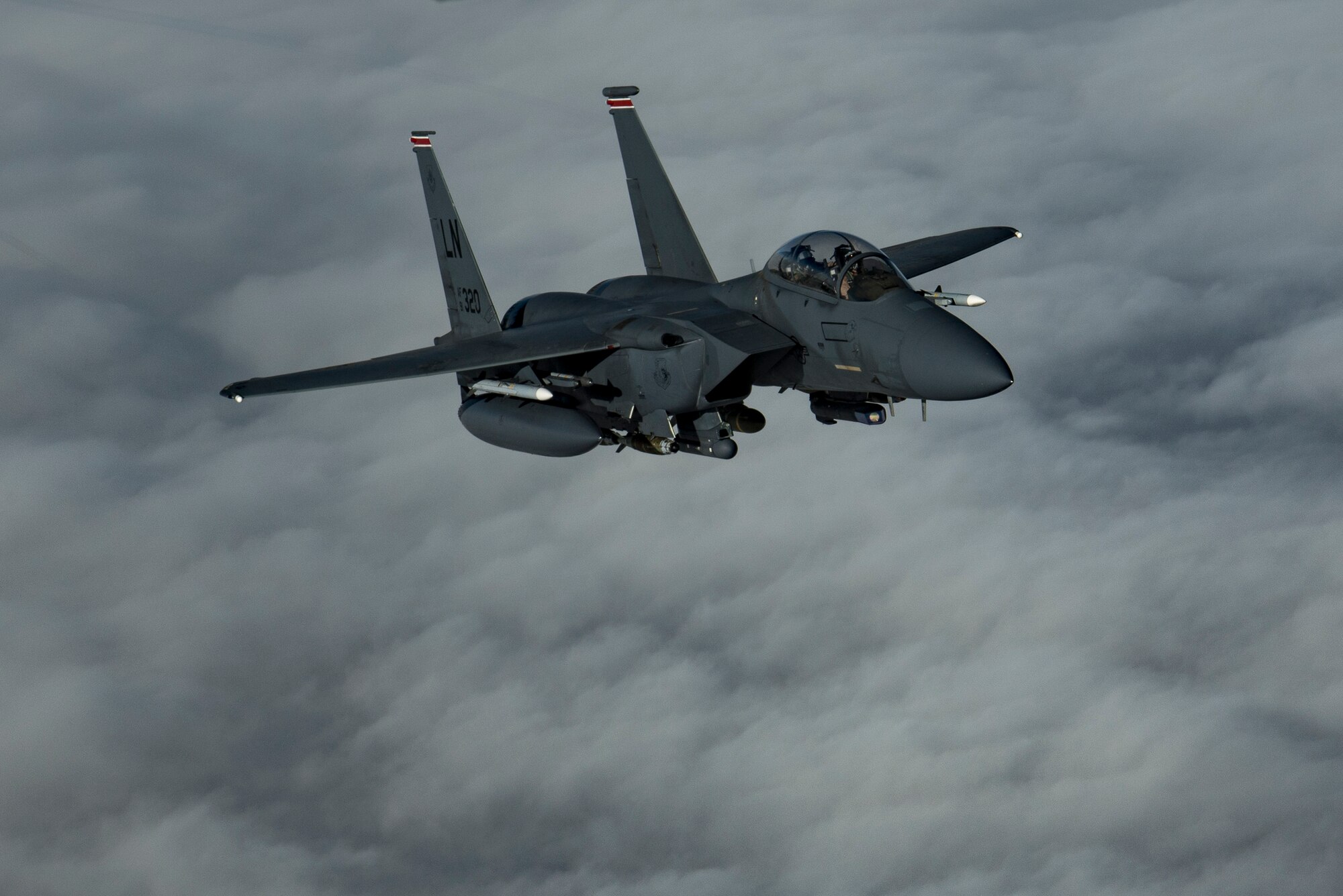 A U.S. Air Force F-15E Strike Eagle assigned to the 494th Expeditionary Fighter Squadron flies above the U.S. Central Command area of responsibility, Jan. 15, 2020.