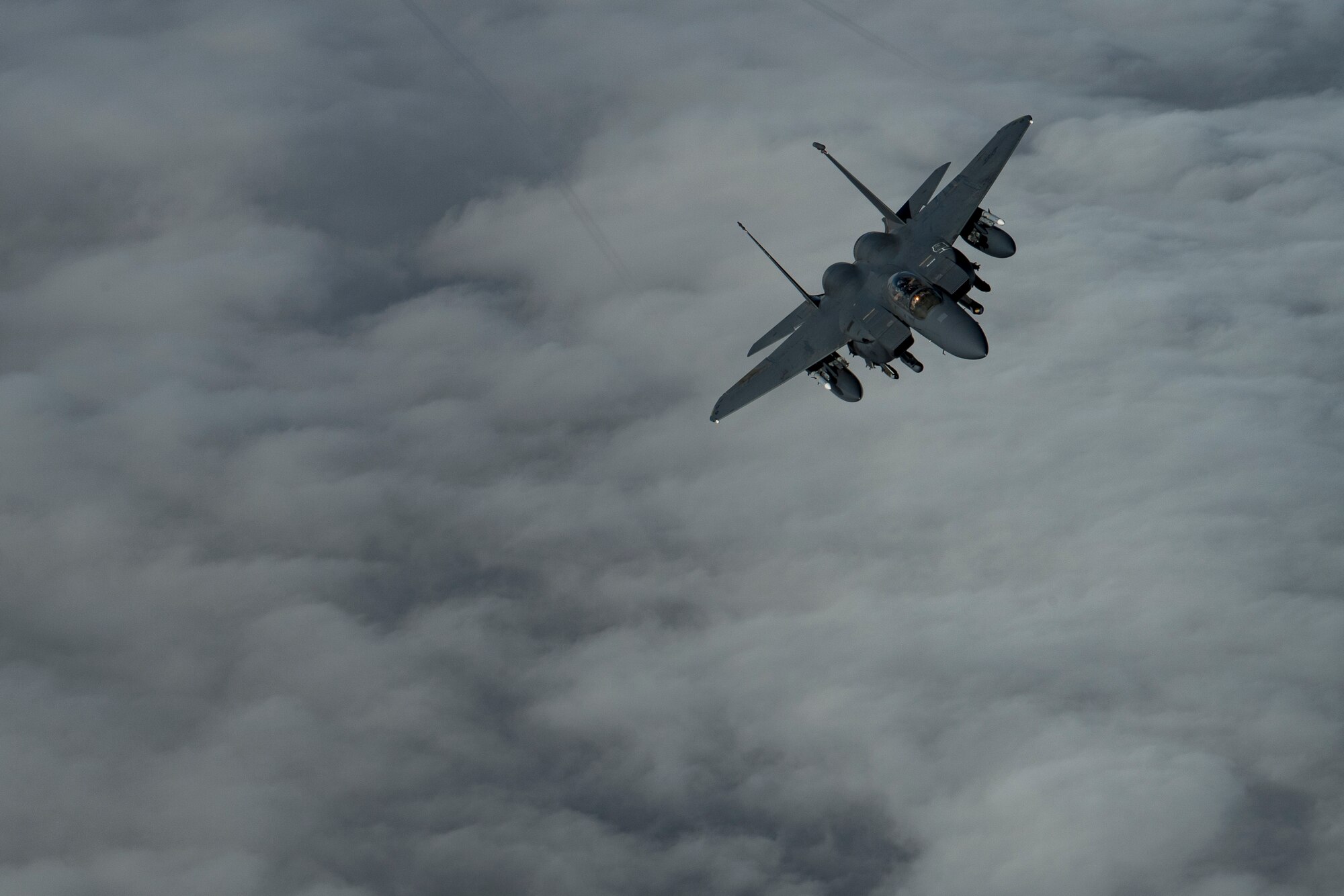 A U.S. Air Force F-15E Strike Eagle assigned to the 494th Expeditionary Fighter Squadron flies above the U.S. Central Command area of responsibility, Jan. 15, 2020.