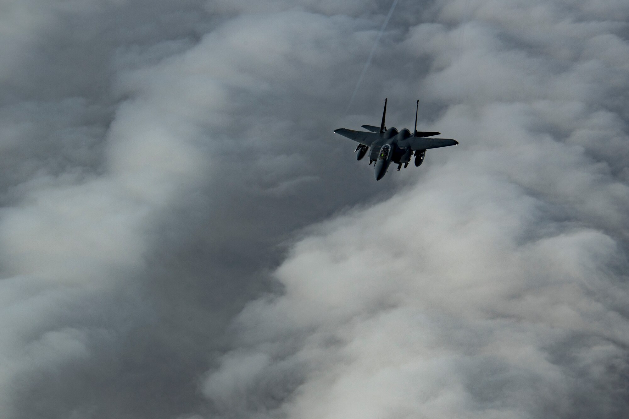 A U.S. Air Force F-15E Strike Eagle assigned to the 494th Expeditionary Fighter Squadron flies above the U.S. Central Command area of responsibility, Jan. 15, 2020.