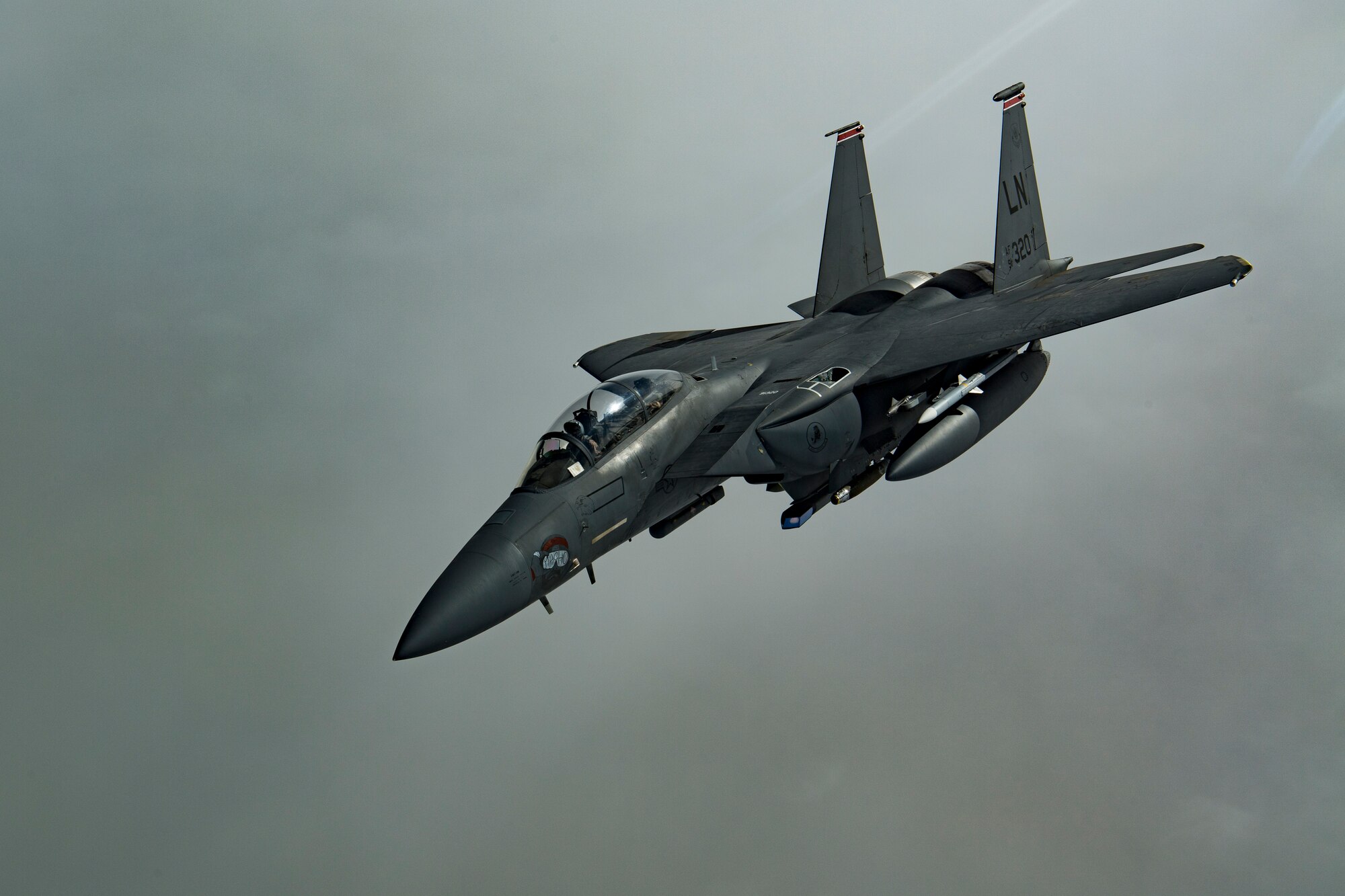 A U.S. Air Force F-15E Strike Eagle assigned to the 494th Expeditionary Fighter Squadron flies above the U.S. Central Command area of responsibility, Jan. 15, 2020.