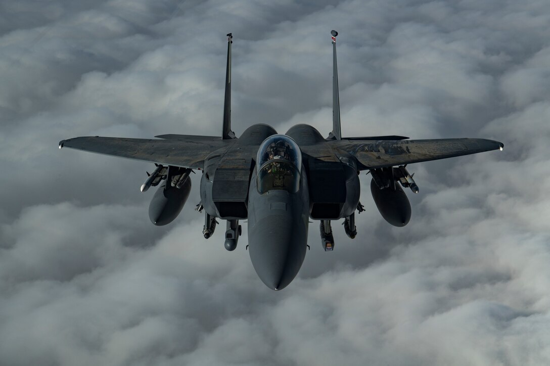 A U.S. Air Force F-15E Strike Eagle assigned to the 494th Expeditionary Fighter Squadron flies above the U.S. Central Command area of responsibility, Jan. 15, 2020.