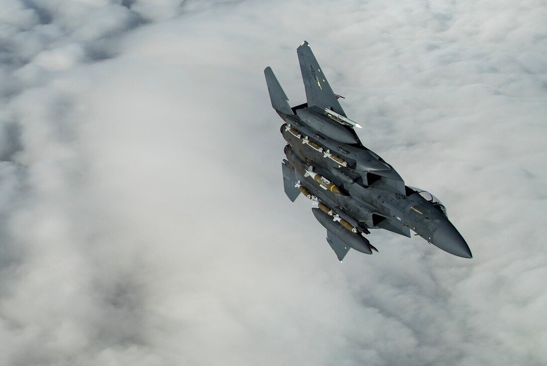 A U.S. Air Force F-15E Strike Eagle assigned to the 494th Expeditionary Fighter Squadron flies above the U.S. Central Command area of responsibility, Jan. 15, 2020.