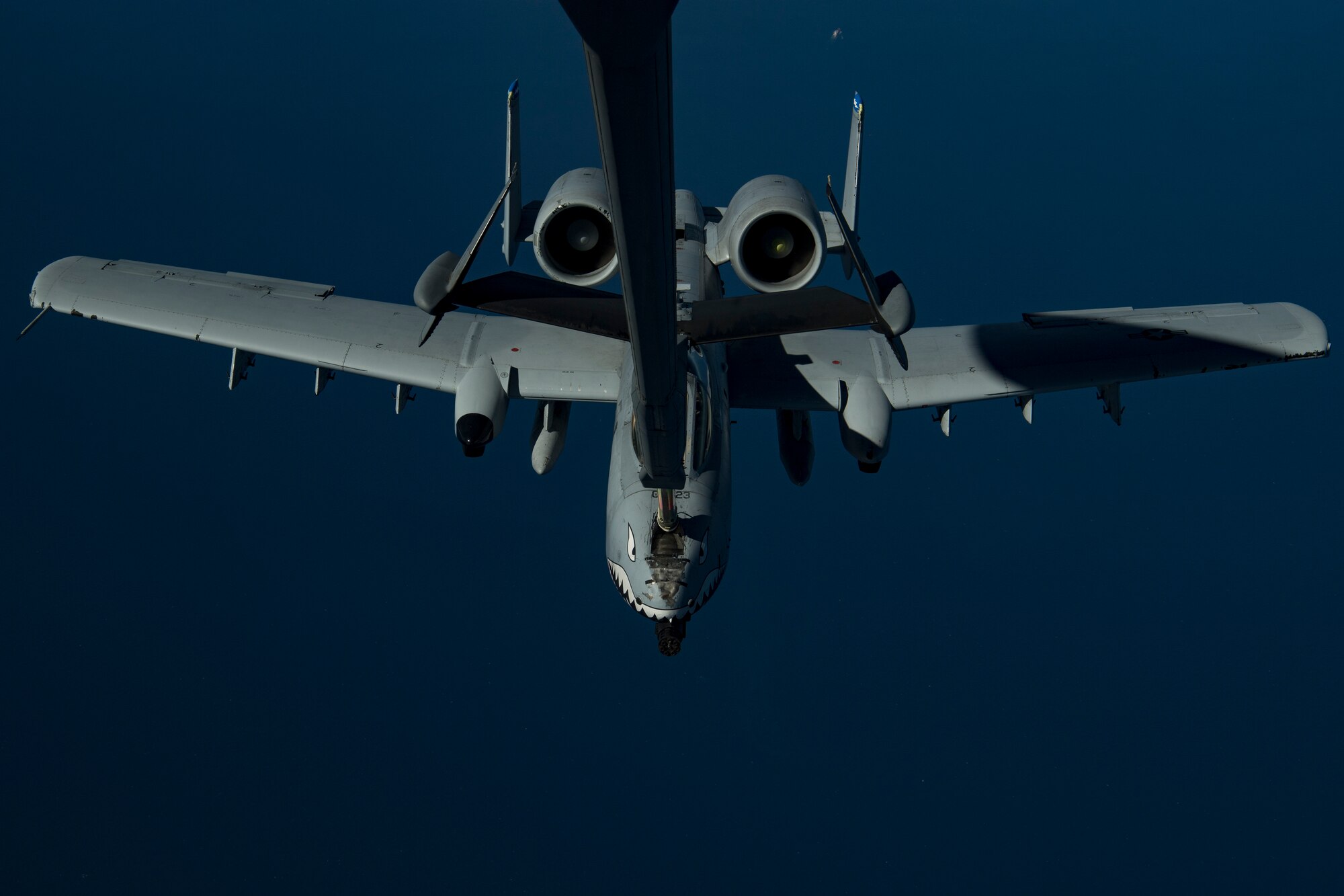 A U.S. Air Force A-10 Thunderbolt II receives fuel from a U.S. Air Force KC-10 Extender assigned to the 908th Expeditionary Air Refueling Squadron, deployed to Al Dhafra Air Base, United Arab Emirates, above the U.S. Central Command area of responsibility, Jan. 17, 2020.