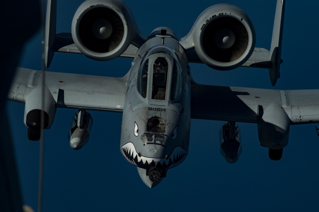 A U.S. Air Force A-10 Thunderbolt II approaches a U.S. Air Force KC-10 Extender above the U.S. Central Command area of responsibility, Jan. 17, 2020.