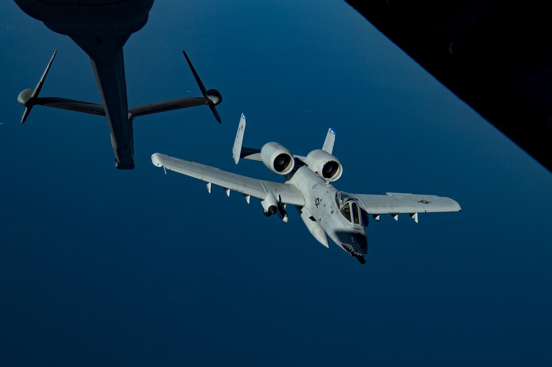 A U.S. Air Force A-10 Thunderbolt II departs a U.S. Air Force KC-10 Extender above the U.S. Central Command area of responsibility, Jan. 17, 2020.