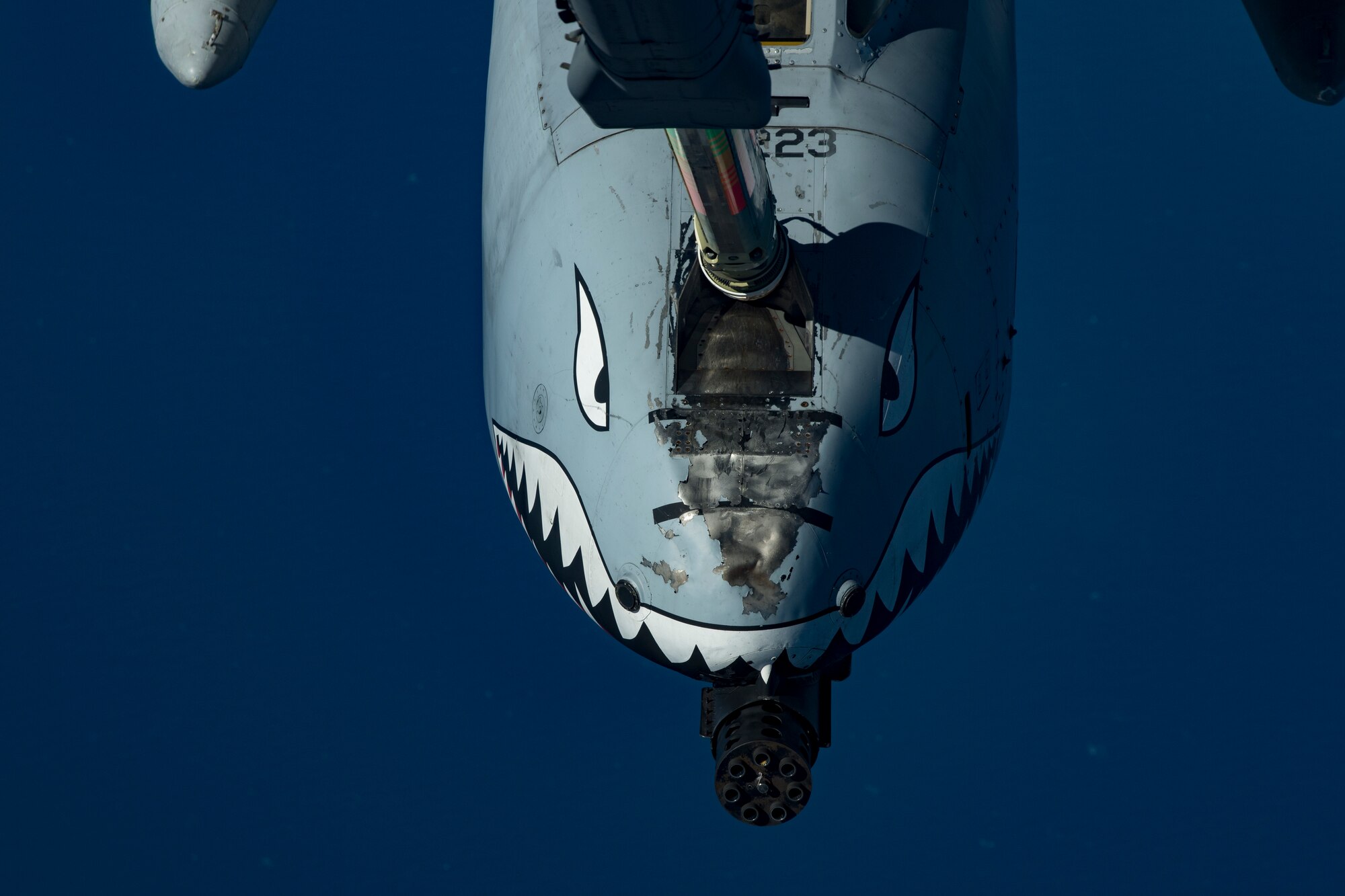 A U.S. Air Force A-10 Thunderbolt II receives fuel from a U.S. Air Force KC-10 assigned to the 908th Expeditionary Air Refueling Squadron, deployed to Al Dhafra Air Base, United Arab Emirates, above the U.S. Central Command area of responsibility, Jan. 17, 2020.