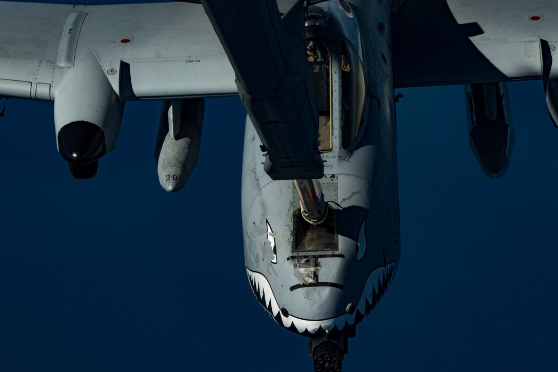 A U.S. Air Force A-10 Thunderbolt II receives fuel from a U.S. Air Force KC-10 assigned to the 908th Expeditionary Air Refueling Squadron, deployed to Al Dhafra Air Base, United Arab Emirates, above the U.S. Central Command area of responsibility, Jan. 17, 2020.