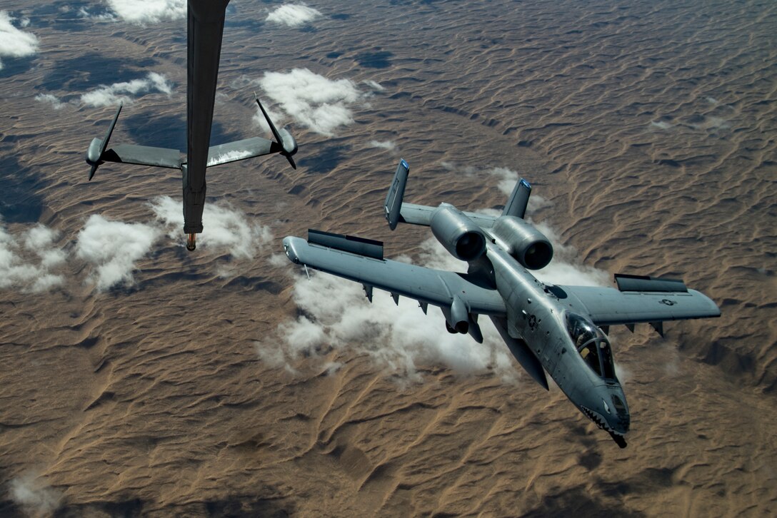 A U.S. Air Force A-10 Thunderbolt II departs a U.S. Air Force KC-10 Extender above the U.S. Central Command area of responsibility, Jan. 17, 2020.