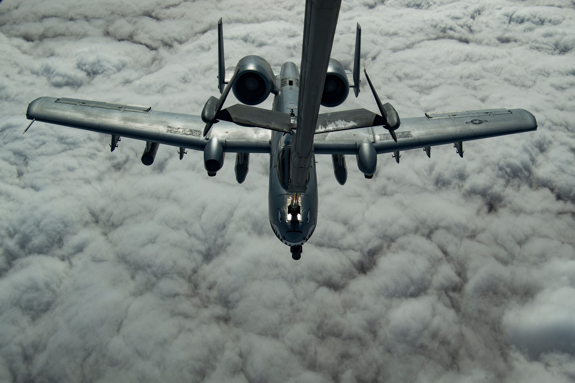 A U.S. Air Force A-10 Thunderbolt II receives fuel from a U.S. Air Force KC-10 assigned to the 908th Expeditionary Air Refueling Squadron, deployed to Al Dhafra Air Base, United Arab Emirates, above the U.S. Central Command area of responsibility, Jan. 17, 2020.