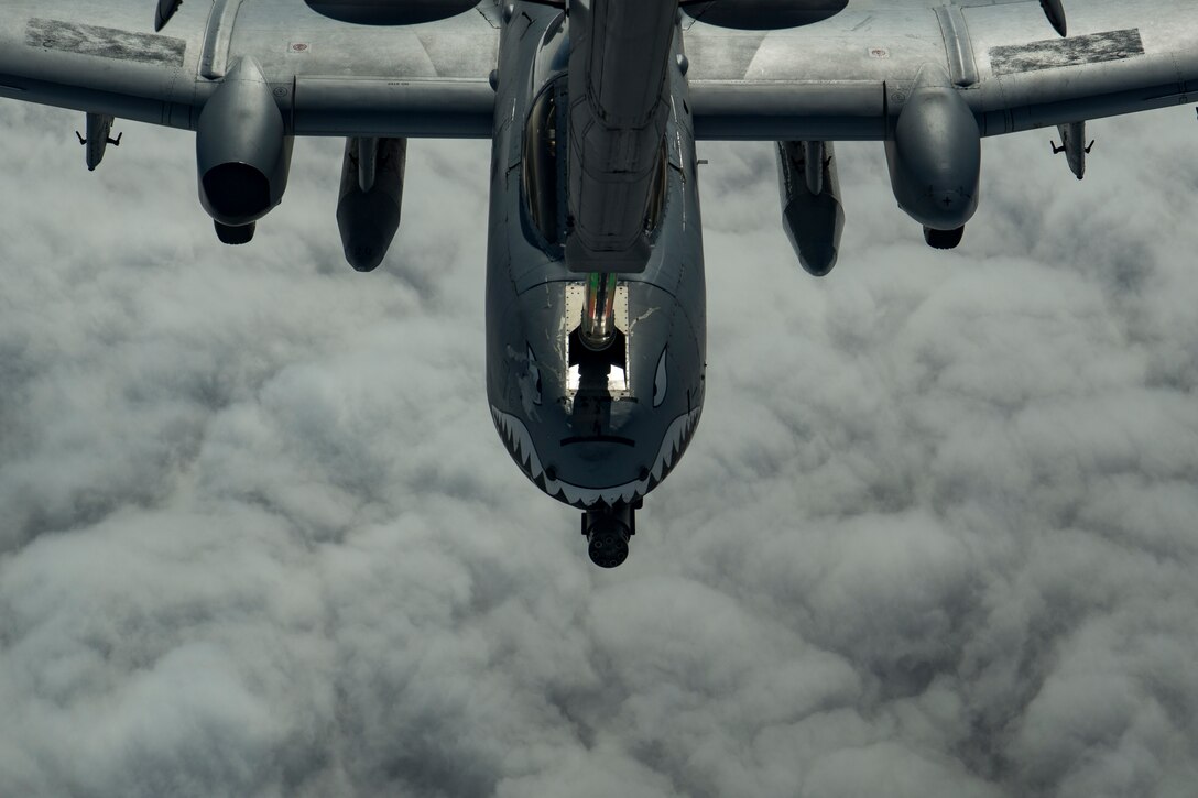 A U.S. Air Force A-10 Thunderbolt II receives fuel from a U.S. Air Force KC-10 assigned to the 908th Expeditionary Air Refueling Squadron, deployed to Al Dhafra Air Base, United Arab Emirates, above the U.S. Central Command area of responsibility, Jan. 17, 2020.